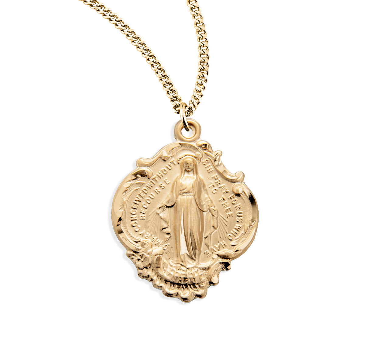 Gold Over Sterling Silver Large Baroque Miraculous Medal with Hail Mary Prayer Necklace | 16kt Gold Plated .925 Silver