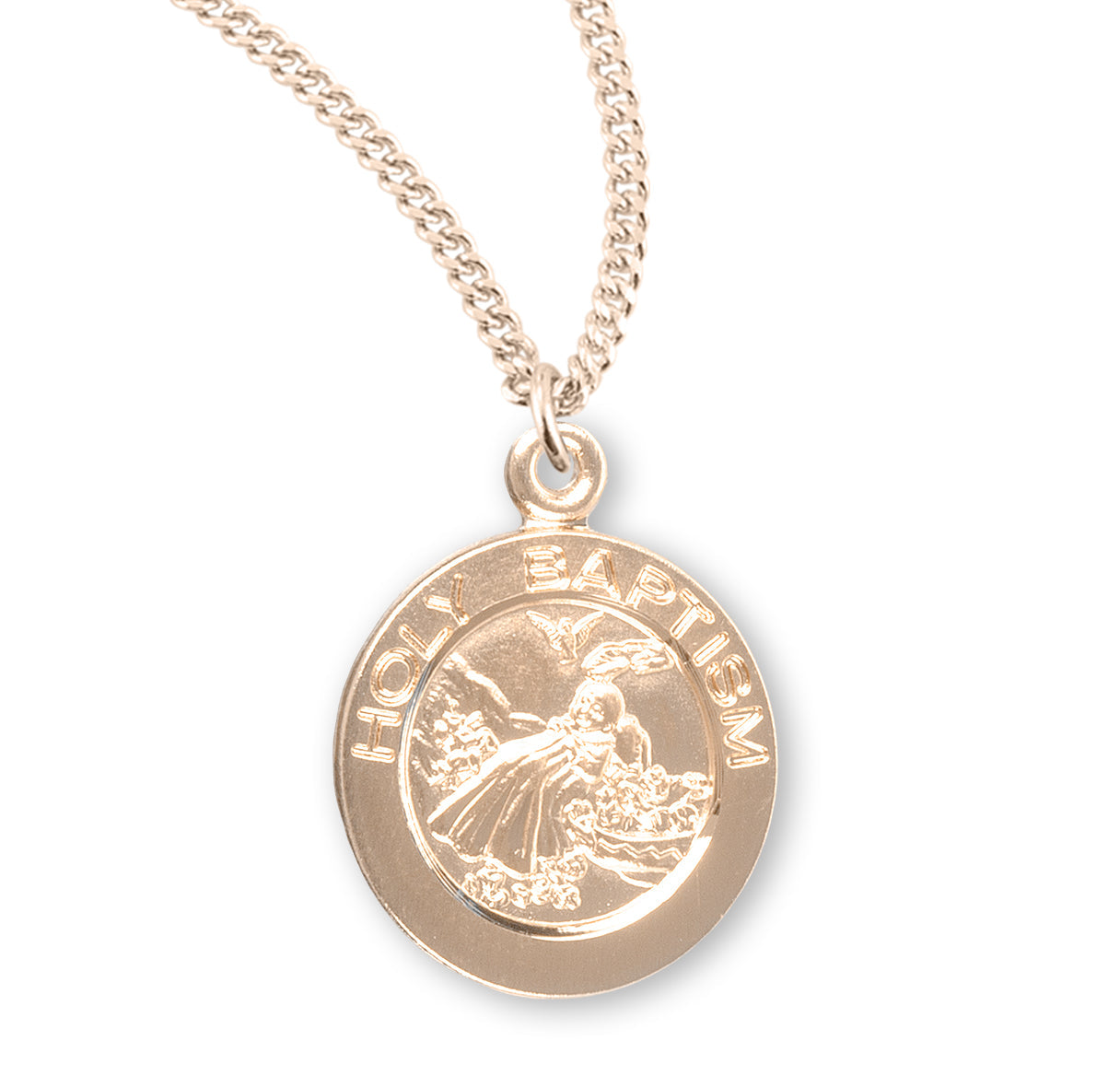 Gold Over Sterling Silver Round Shape Holy Baptism Medal Necklace | 16kt Gold Plated .925 Silver