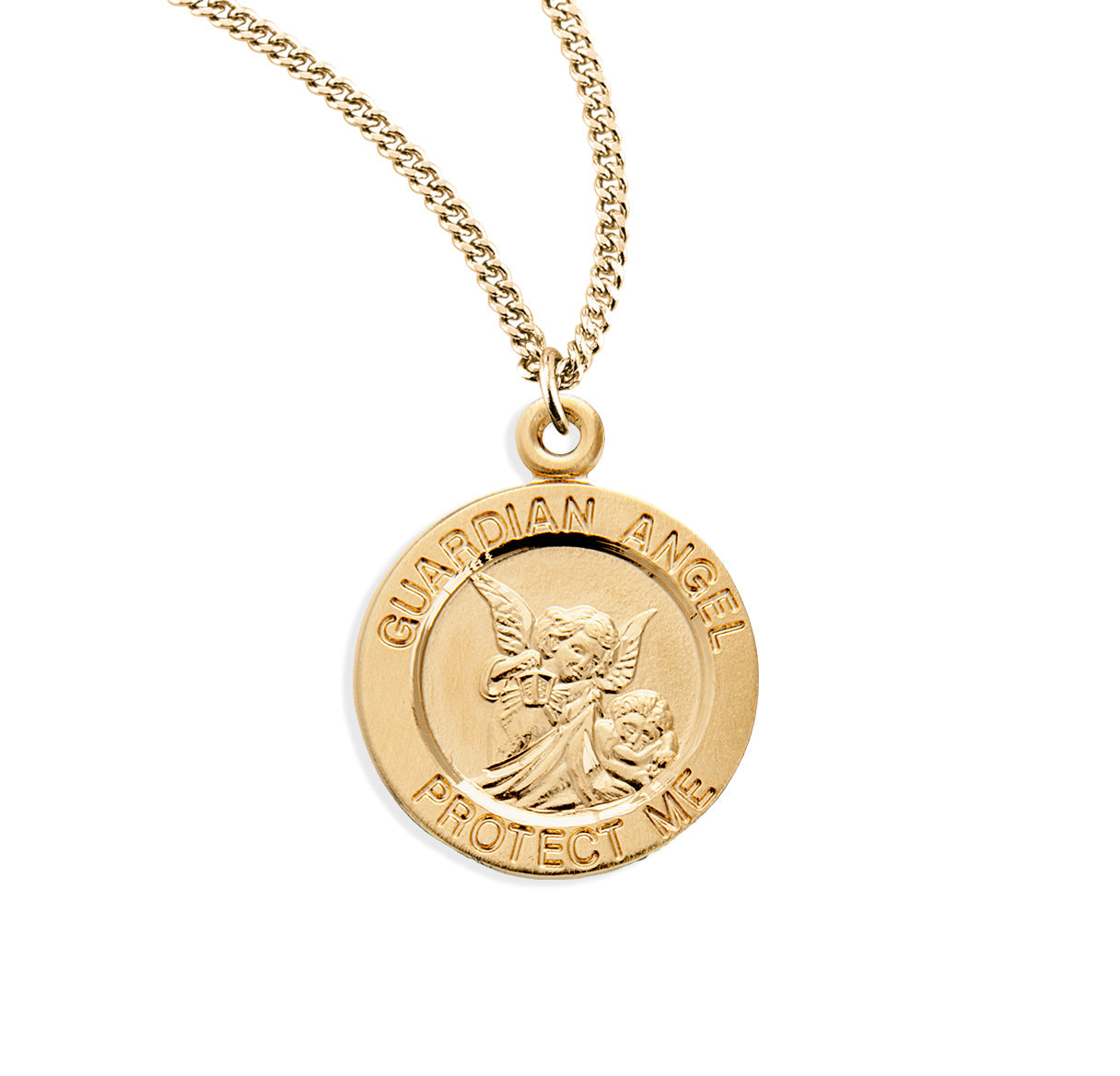 Guardian Angel Med Round Gold Over Sterling Silver Medal Necklace | 16kt Gold Plated .925 Silver