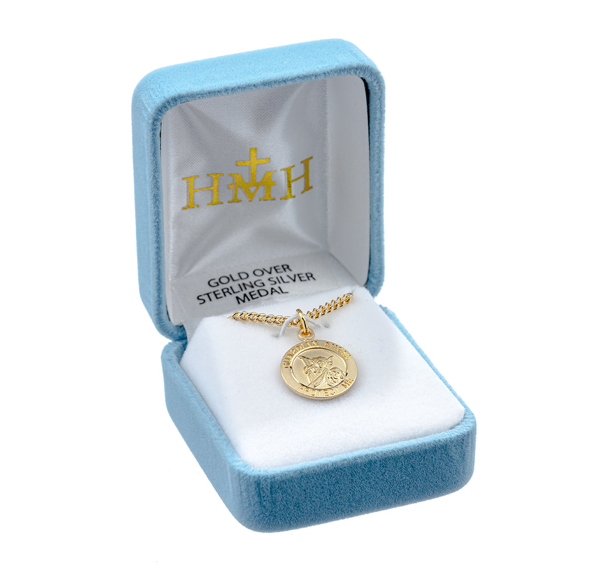 Guardian Angel Small Round Gold Over Sterling Silver Medal Necklace | 16kt Gold Plated .925 Silver