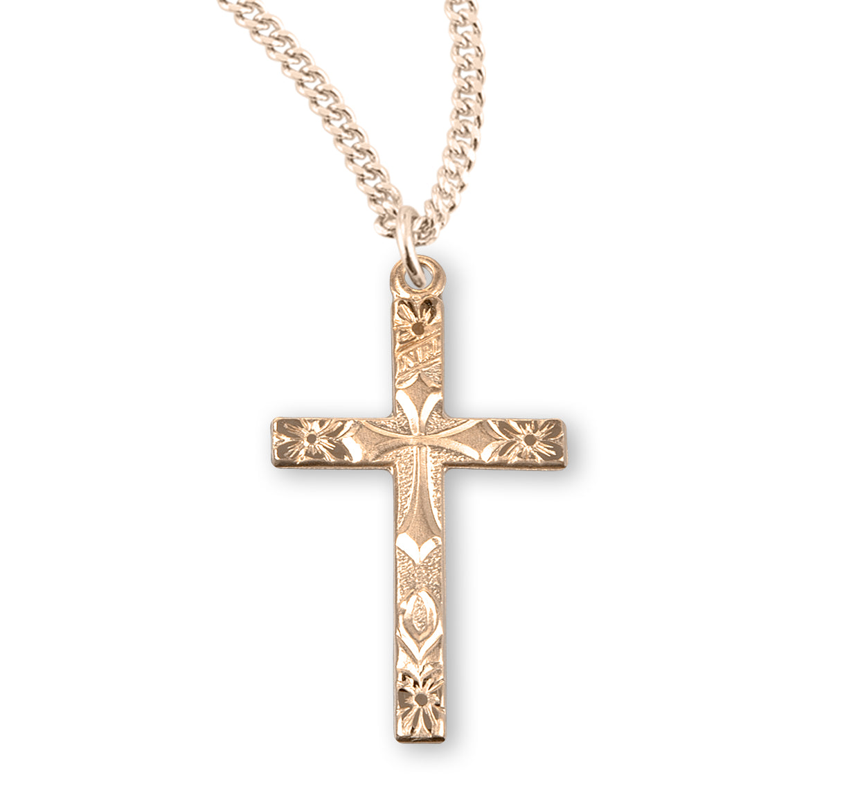 Gold Over Sterling Silver Flower Tipped Cross Necklace | 16kt Gold Plated .925 Silver
