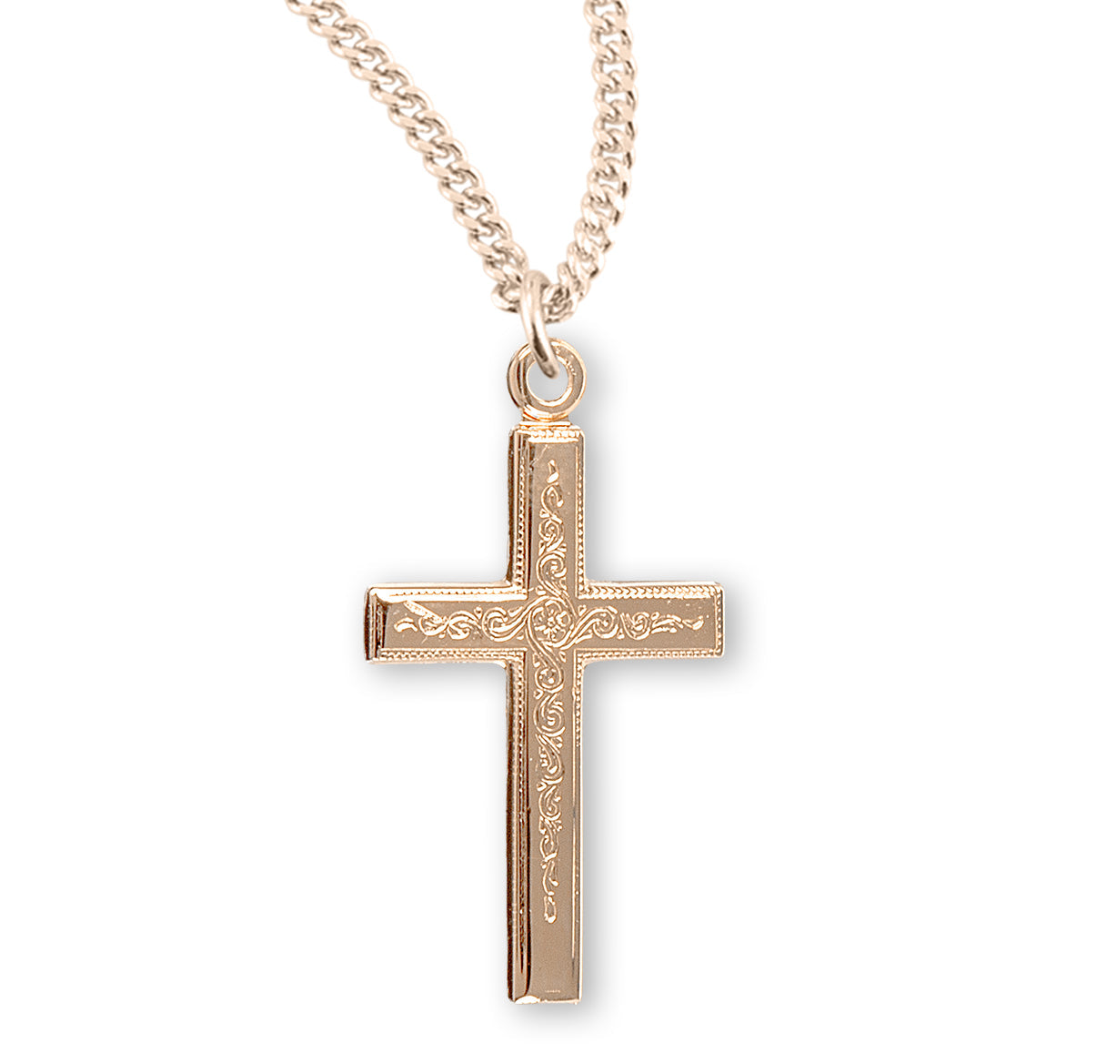 Gold Over Sterling Silver Vine Pattern Cross Necklace | 16kt Gold Plated .925 Silver
