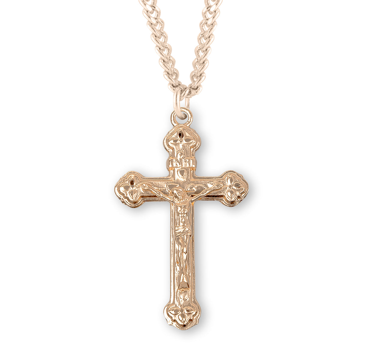 Vine and Leaf Pattern Gold Over Sterling Silver Crucifix Necklace | 16kt Gold Plated .925 Silver