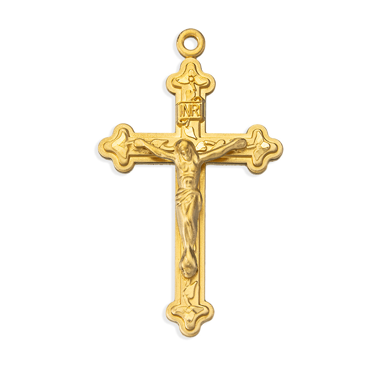 Vine and Leaf Pattern Gold Over Sterling Silver Crucifix Necklace | 16kt Gold Plated .925 Silver