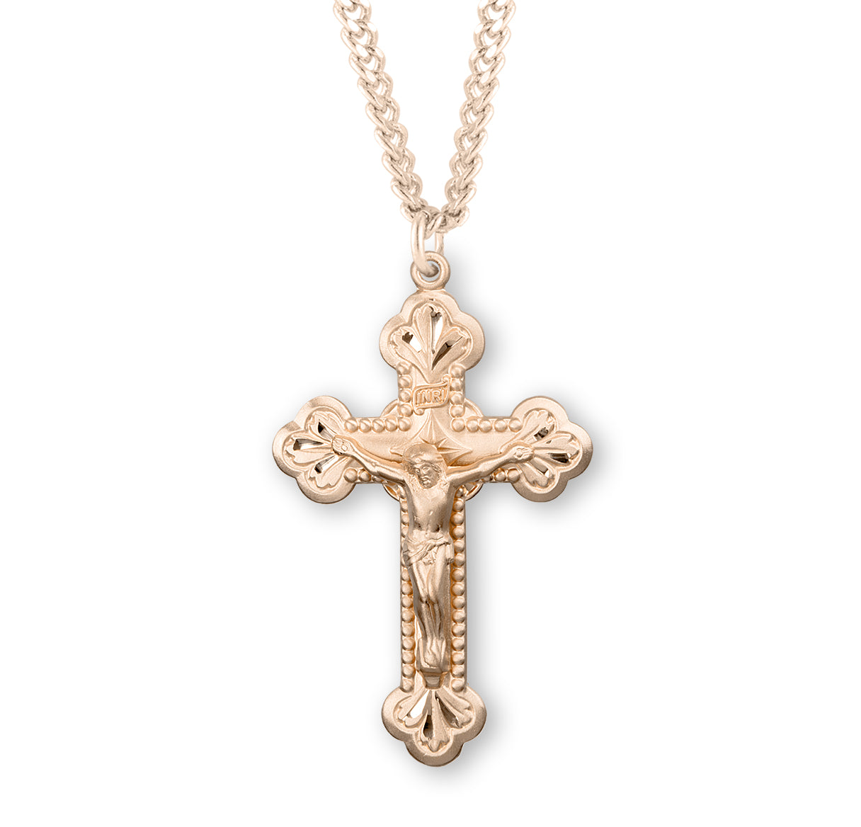 Gold Over Sterling Silver Budded Crucifix Necklace | 16kt Gold Plated .925 Silver