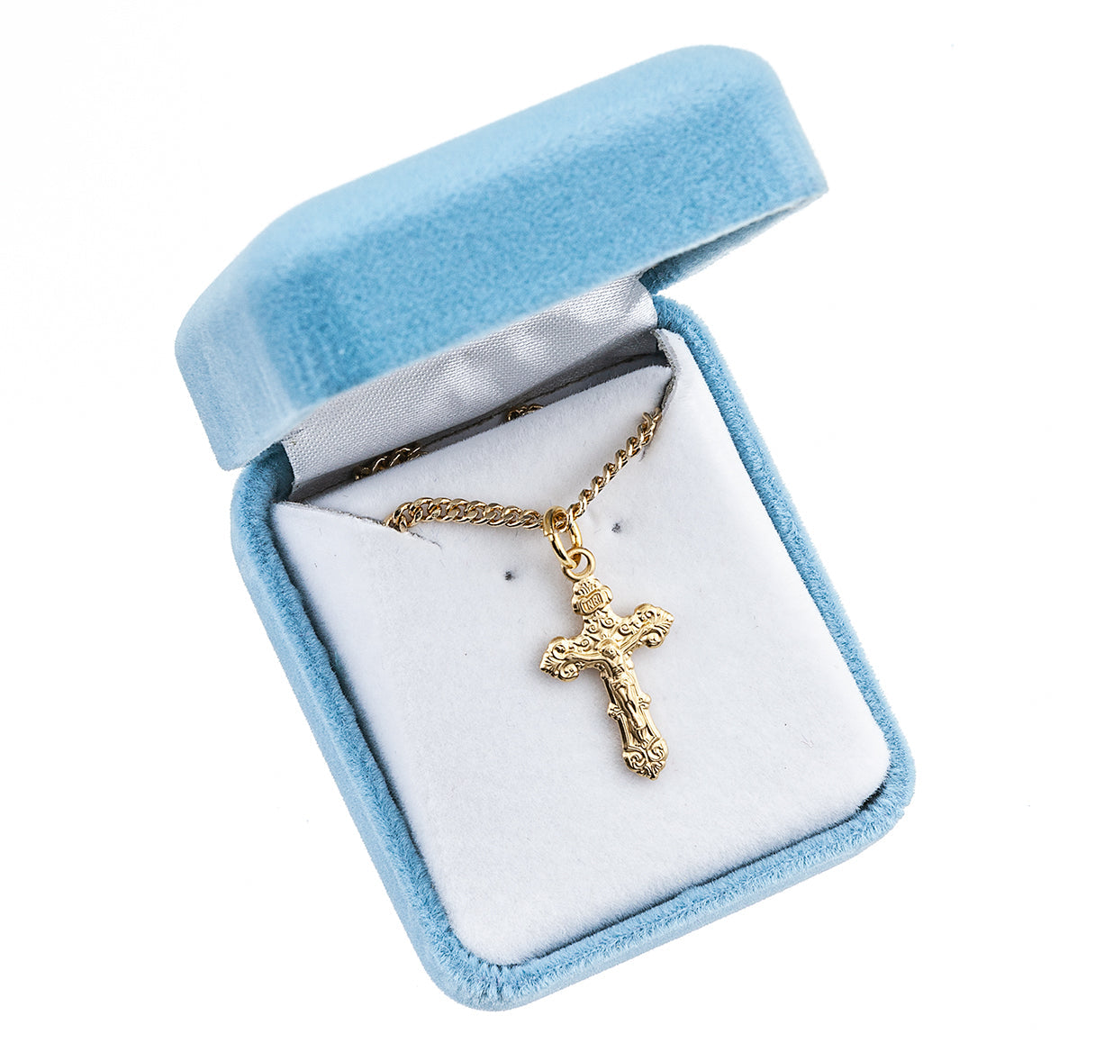 Gold Over Sterling Silver Fancy Filigree Crucifix Necklace | 16kt Gold Plated .925 Silver