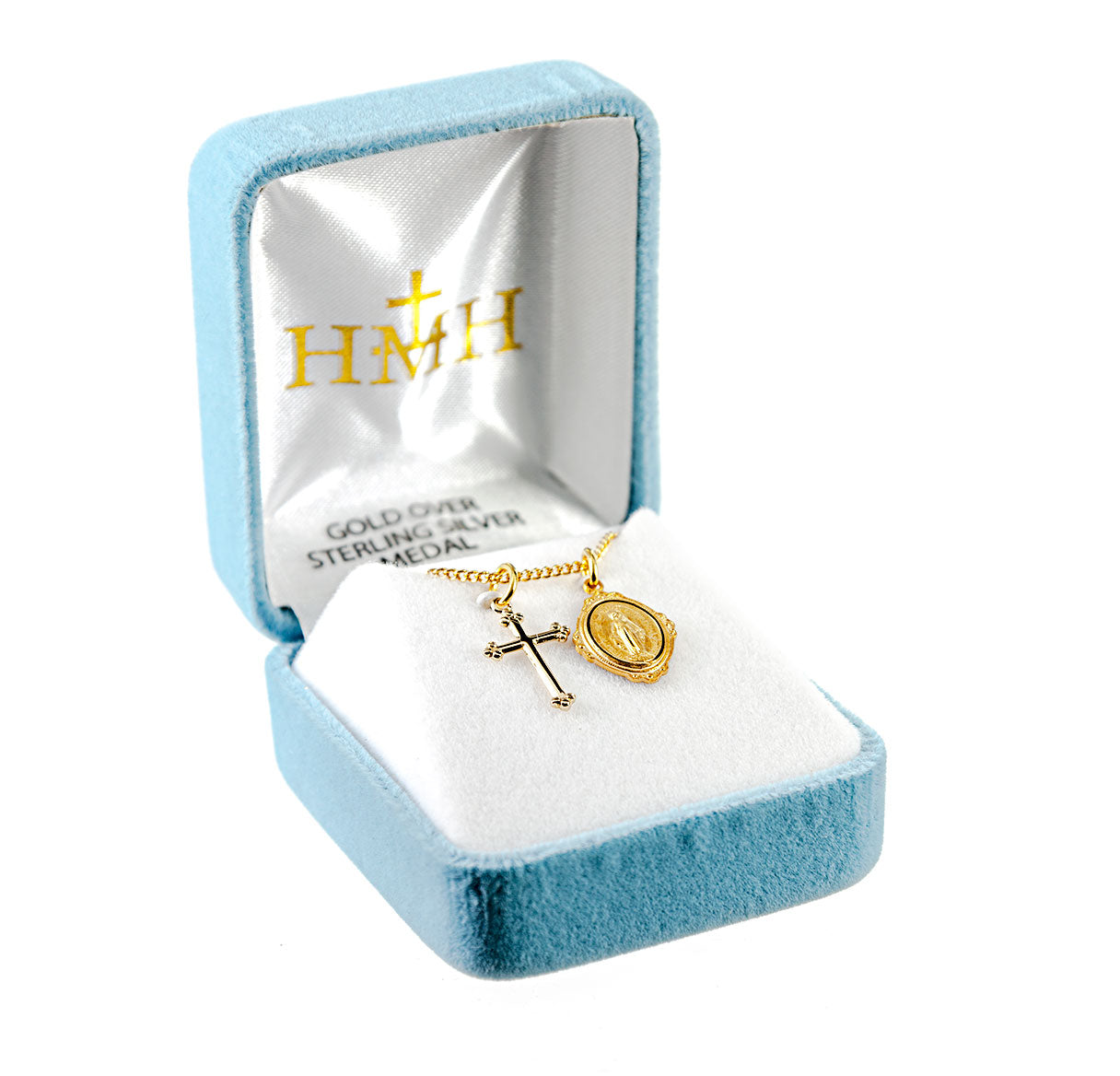 Gold Over Sterling Silver Miraculous Medal and Small Cross Necklace | 16kt Gold Plated .925 Silver