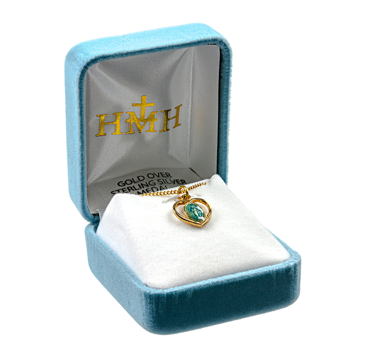 Gold Over Sterling Silver Miraculous Medal Heart with Blue Epoxy Necklace | 16kt Gold Plated .925 Silver