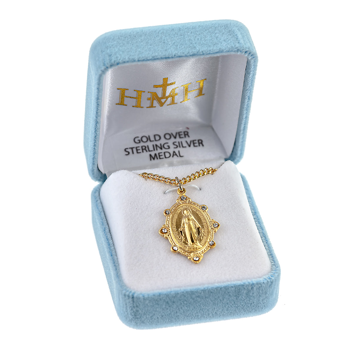Gold Over Sterling Silver Miraculous Medal Set with Clear Crystals Necklace | 16kt Gold Plated .925 Silver