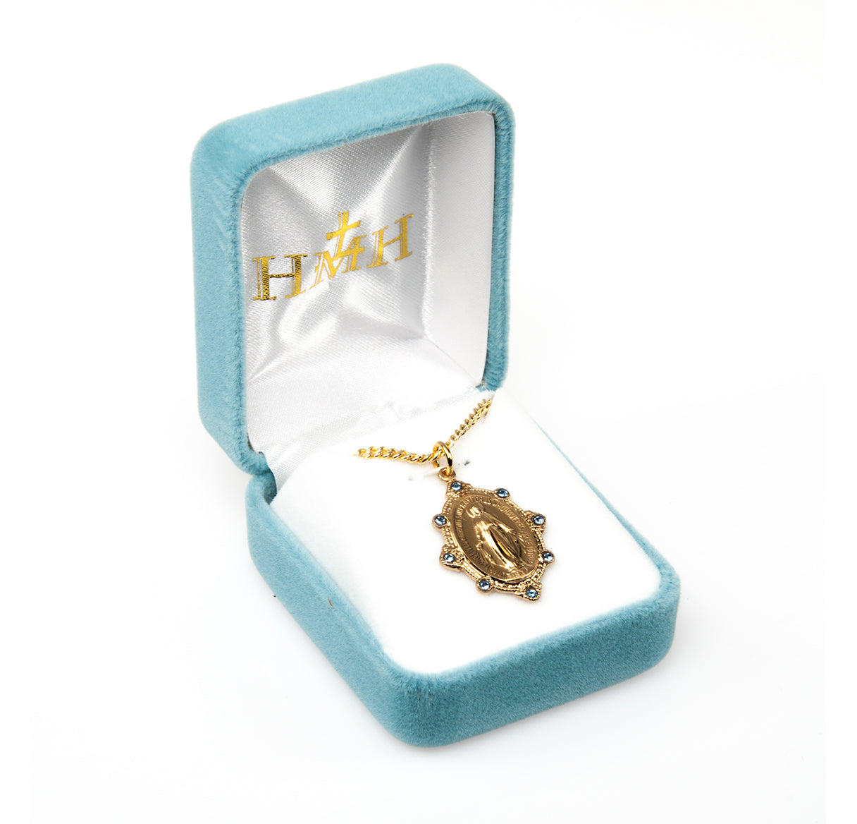 Gold Over Sterling Silver Miraculous Medal Set with Light Sapphire Crystals Necklace | 16kt Gold Plated .925 Silver