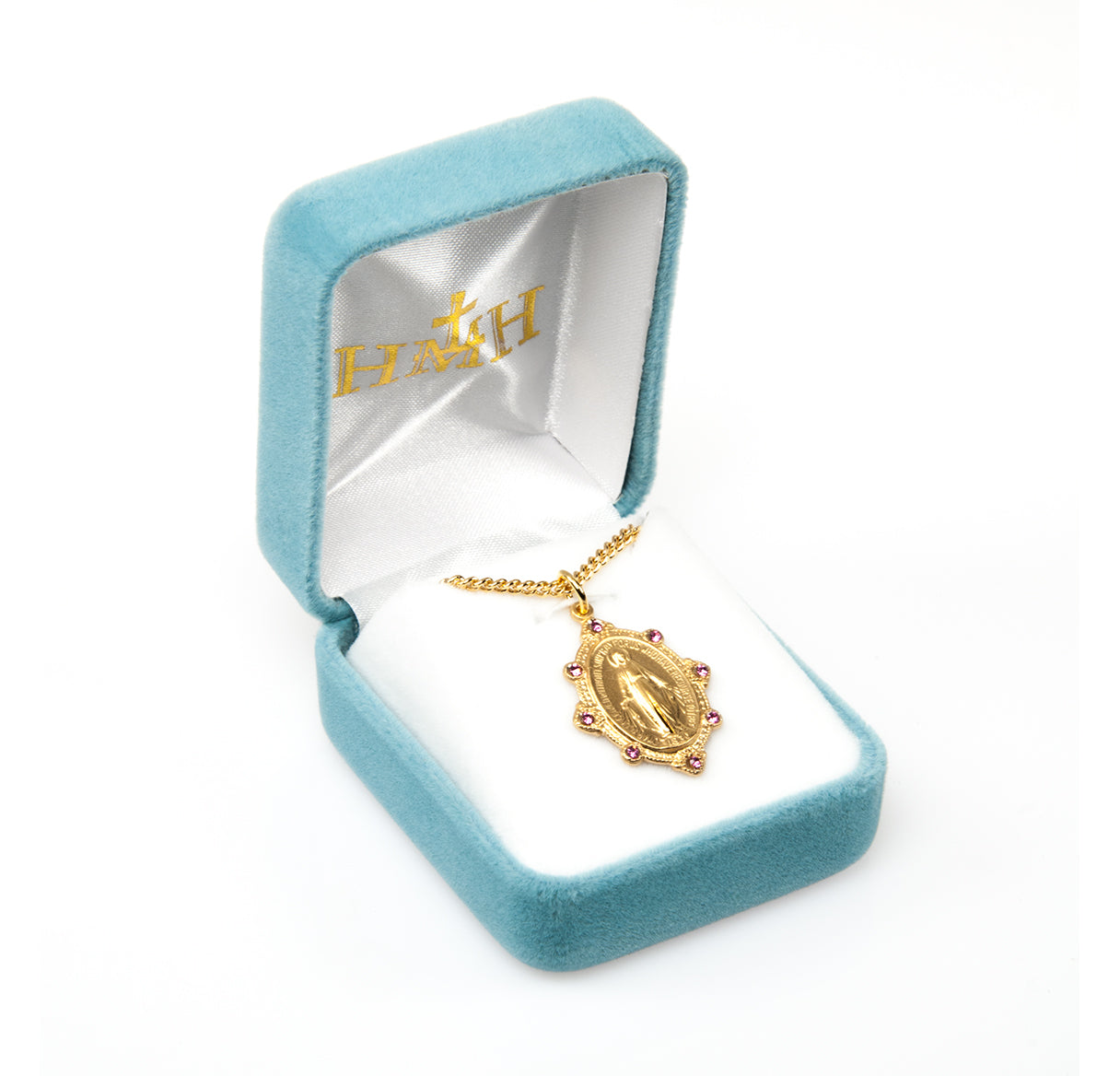 Gold Over Sterling Silver Miraculous Medal Set with Pink Crystals Necklace | 16kt Gold Plated .925 Silver