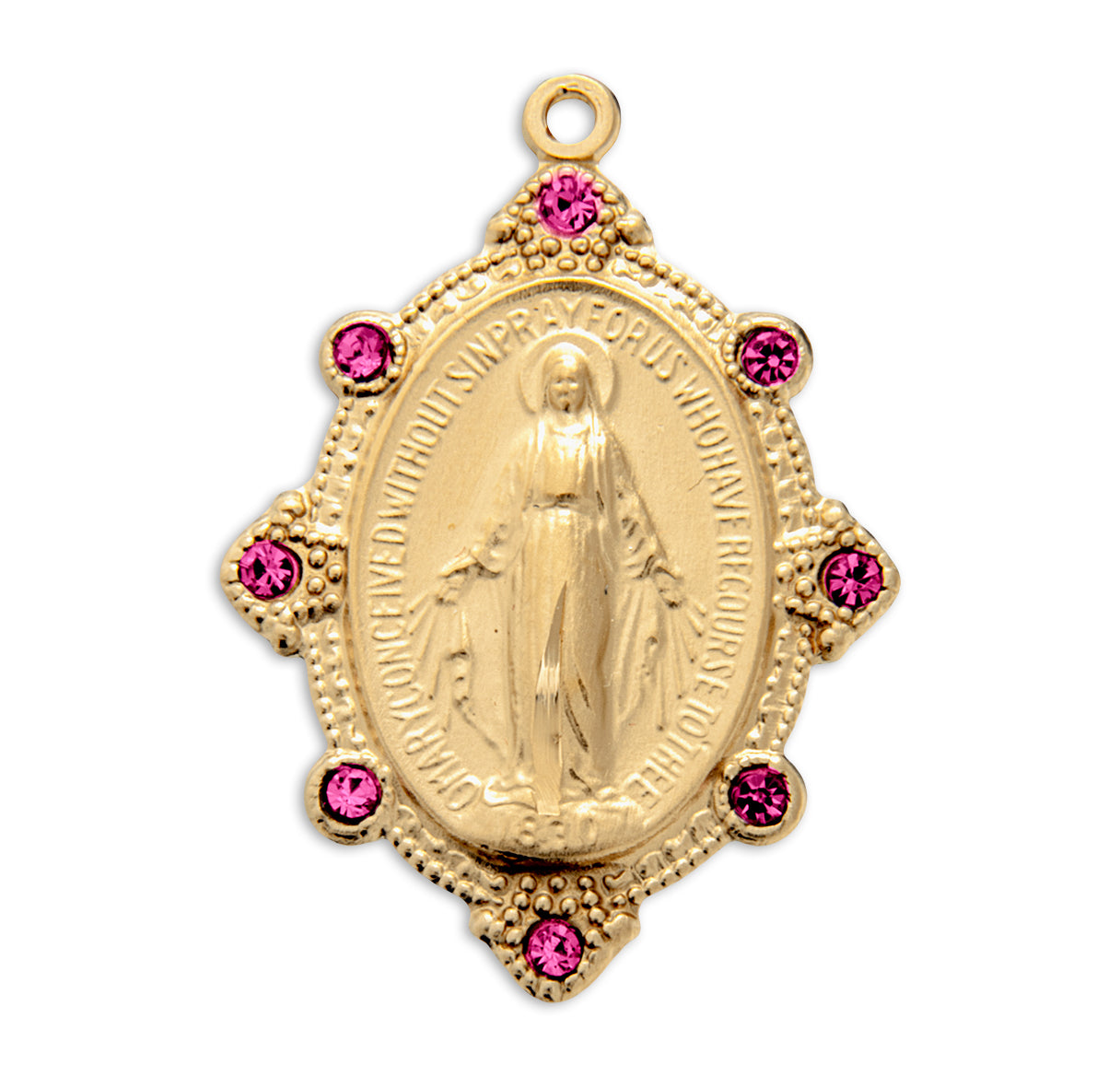 Gold Over Sterling Silver Miraculous Medal Set with Pink Crystals Necklace | 16kt Gold Plated .925 Silver