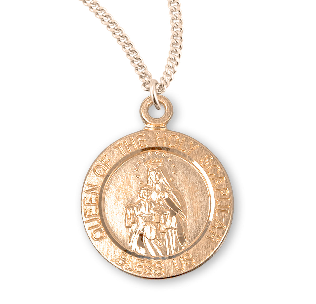 Holy Scapular Round Double Sided Gold Over Sterling Silver Medal Necklace | 16kt Gold Plated .925 Silver