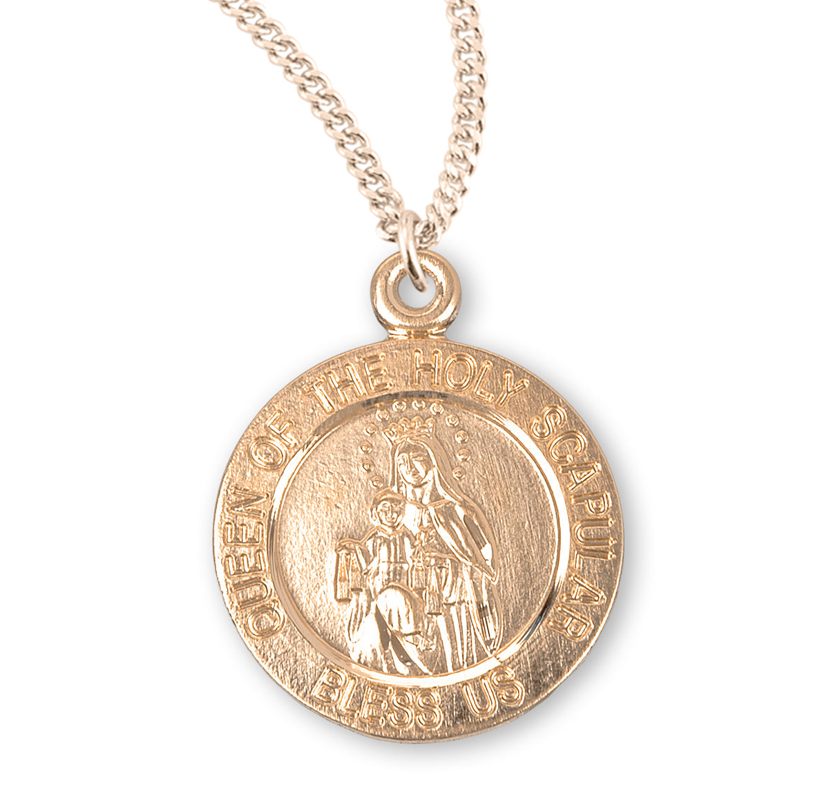 Holy Scapular Round Double Sided Gold Over Sterling Silver Medal Necklace | 16kt Gold Plated .925 Silver
