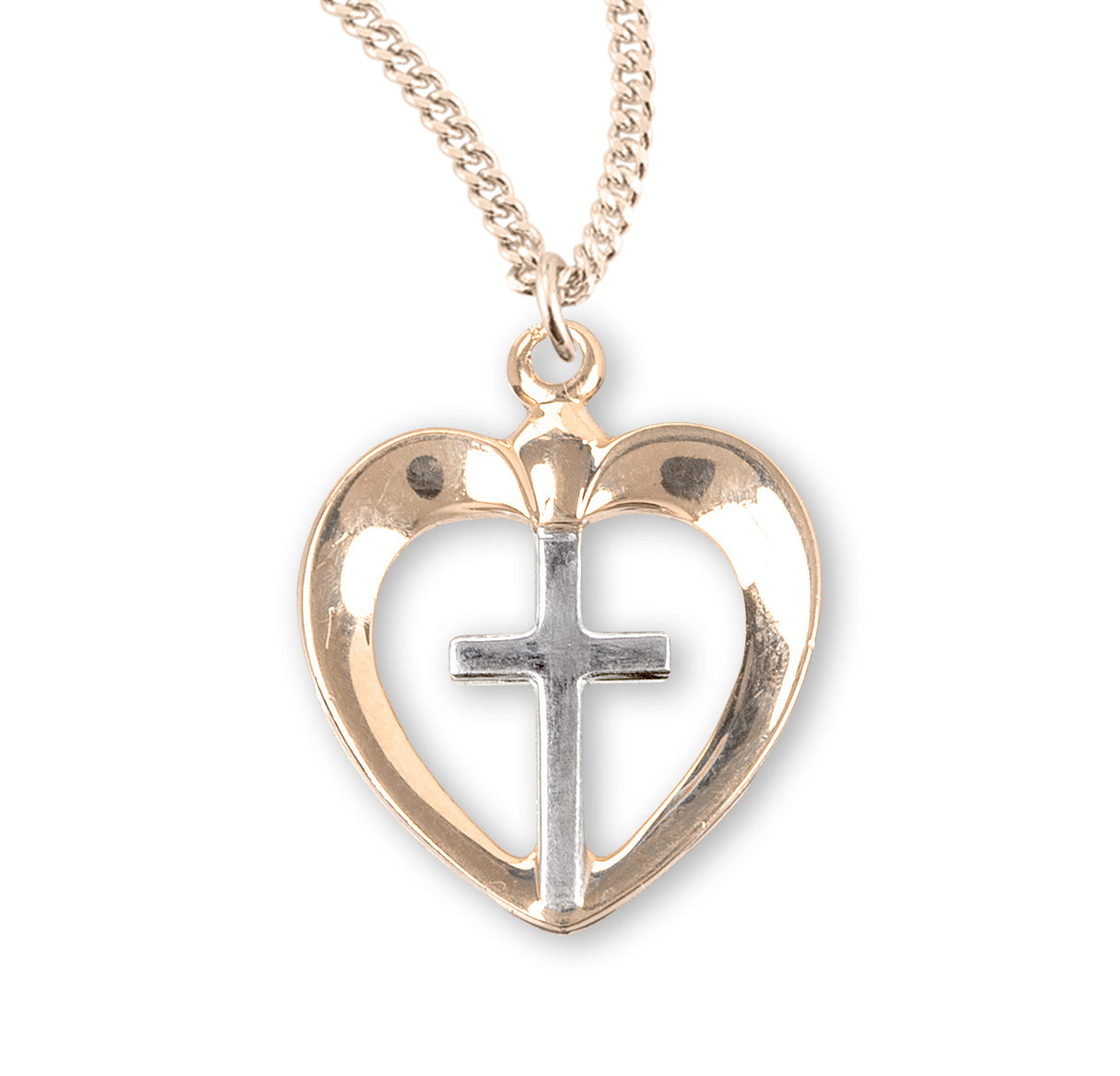 Two-tone Gold Over Sterling Silver Heart with Cross Necklace | 16kt Gold Plated .925 Silver