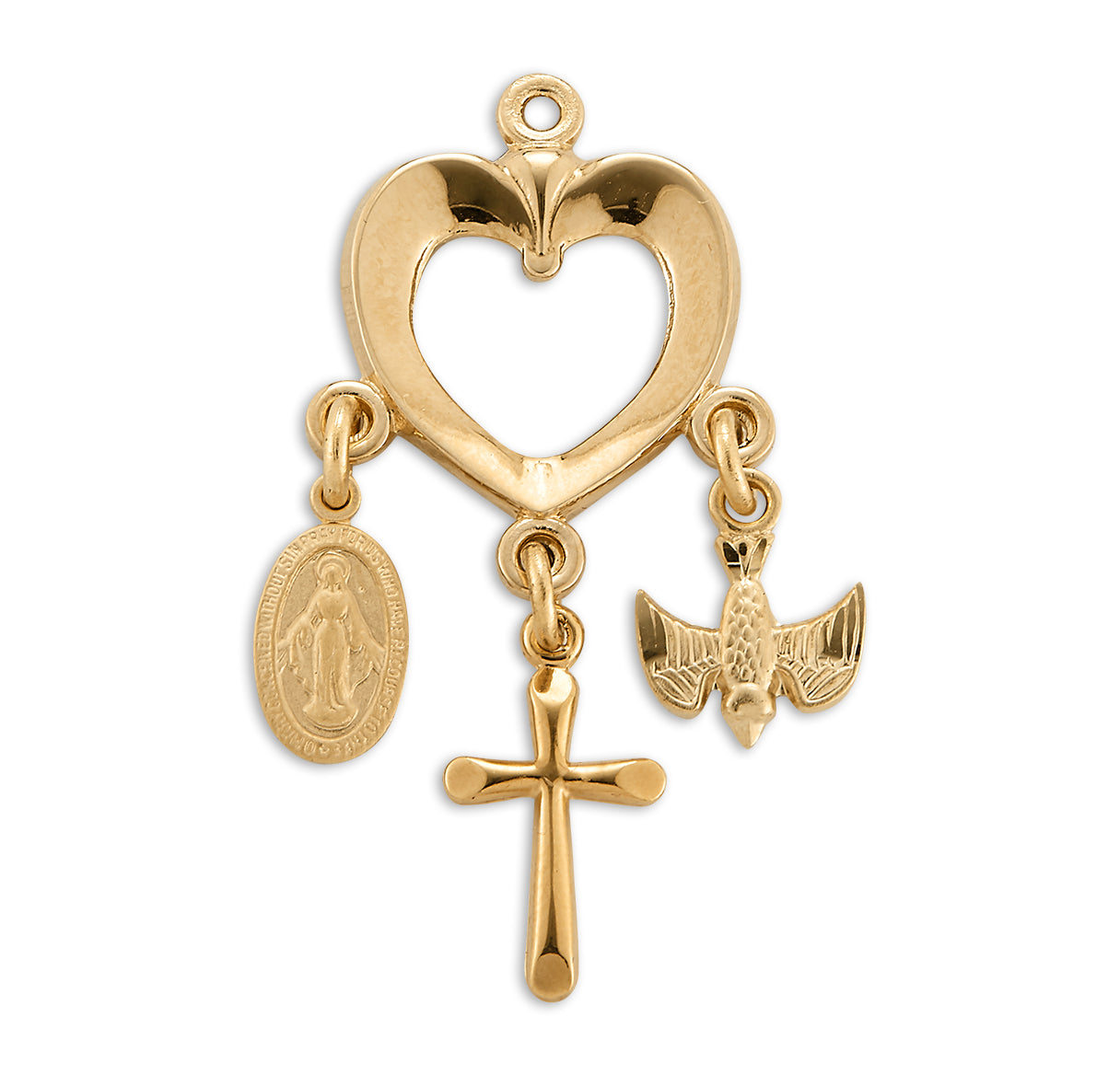Gold Over Sterling Silver Heart with Miraculous Medal, Cross & Holy Spirit Charms Necklace | 16kt Gold Plated .925 Silver