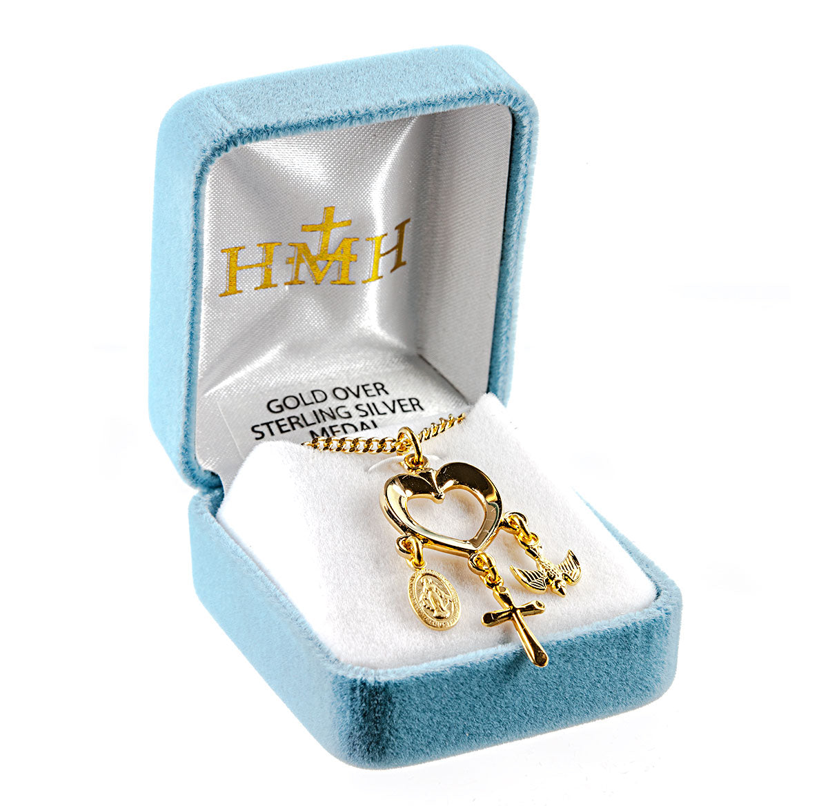 Gold Over Sterling Silver Heart with Miraculous Medal, Cross & Holy Spirit Charms Necklace | 16kt Gold Plated .925 Silver