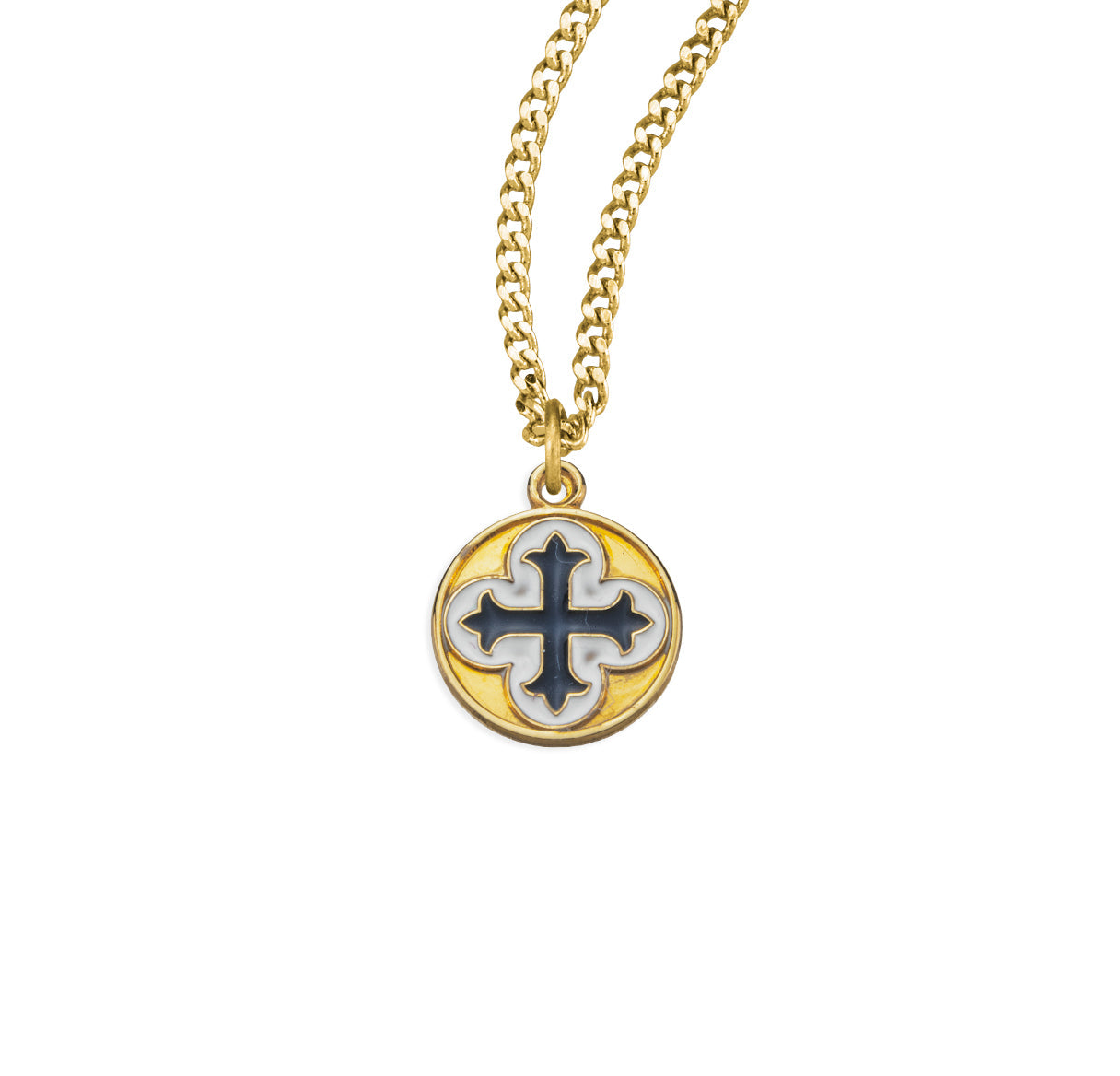 Gold Over Sterling Silver Cross on Clover with Blue and White Epoxy Necklace | 16kt Gold Plated .925 Silver