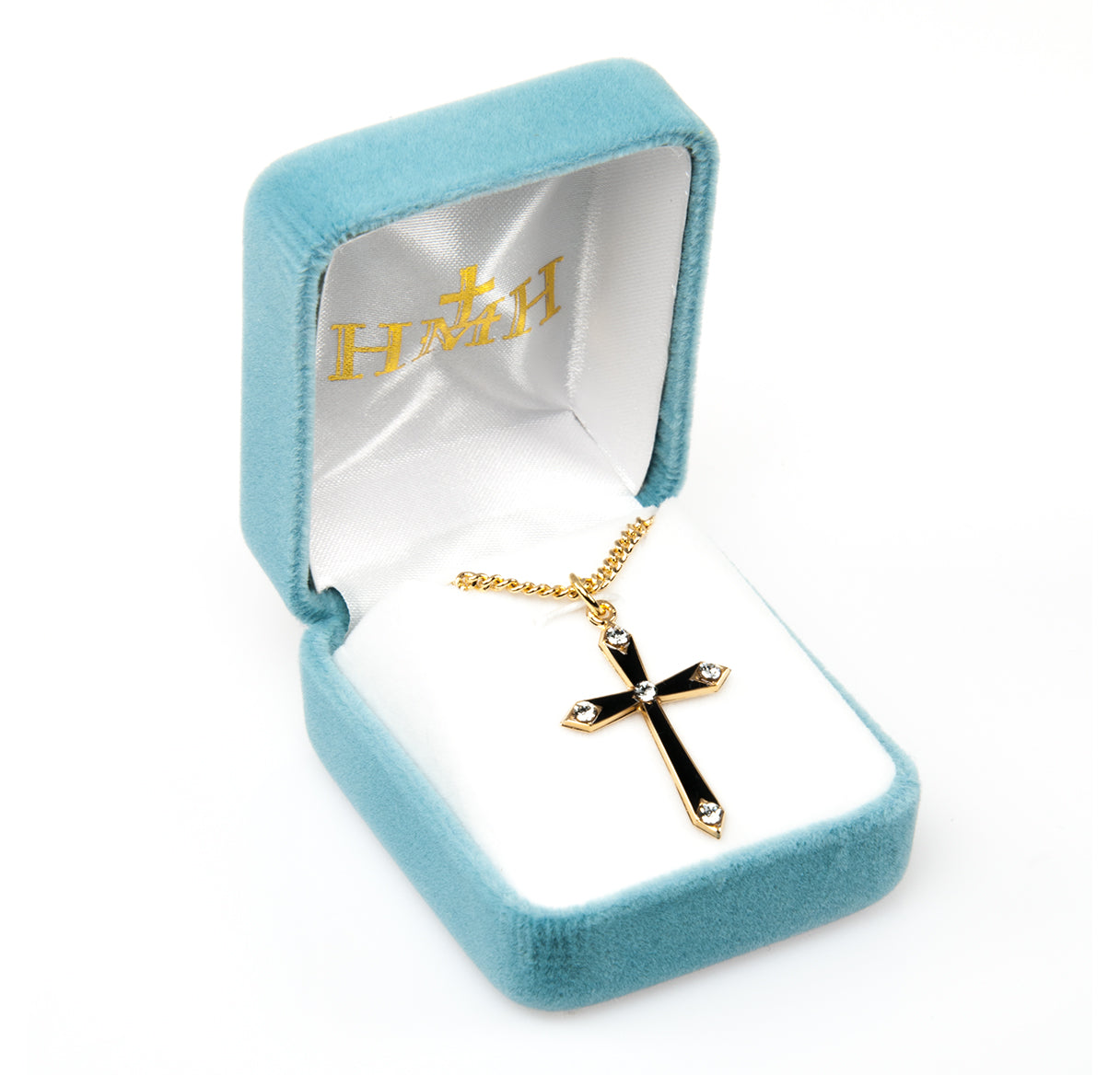 Gold Over Sterling Silver Black Enameled Cross with Five Crystals Necklace | 16kt Gold Plated .925 Silver
