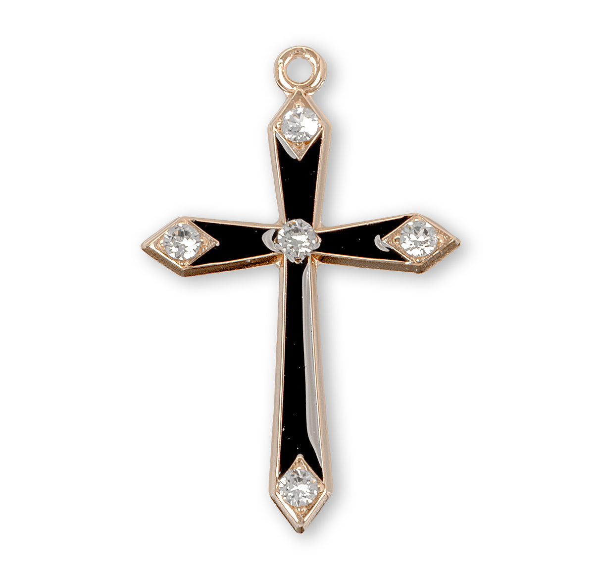 Gold Over Sterling Silver Black Enameled Cross with Five Crystals Necklace | 16kt Gold Plated .925 Silver