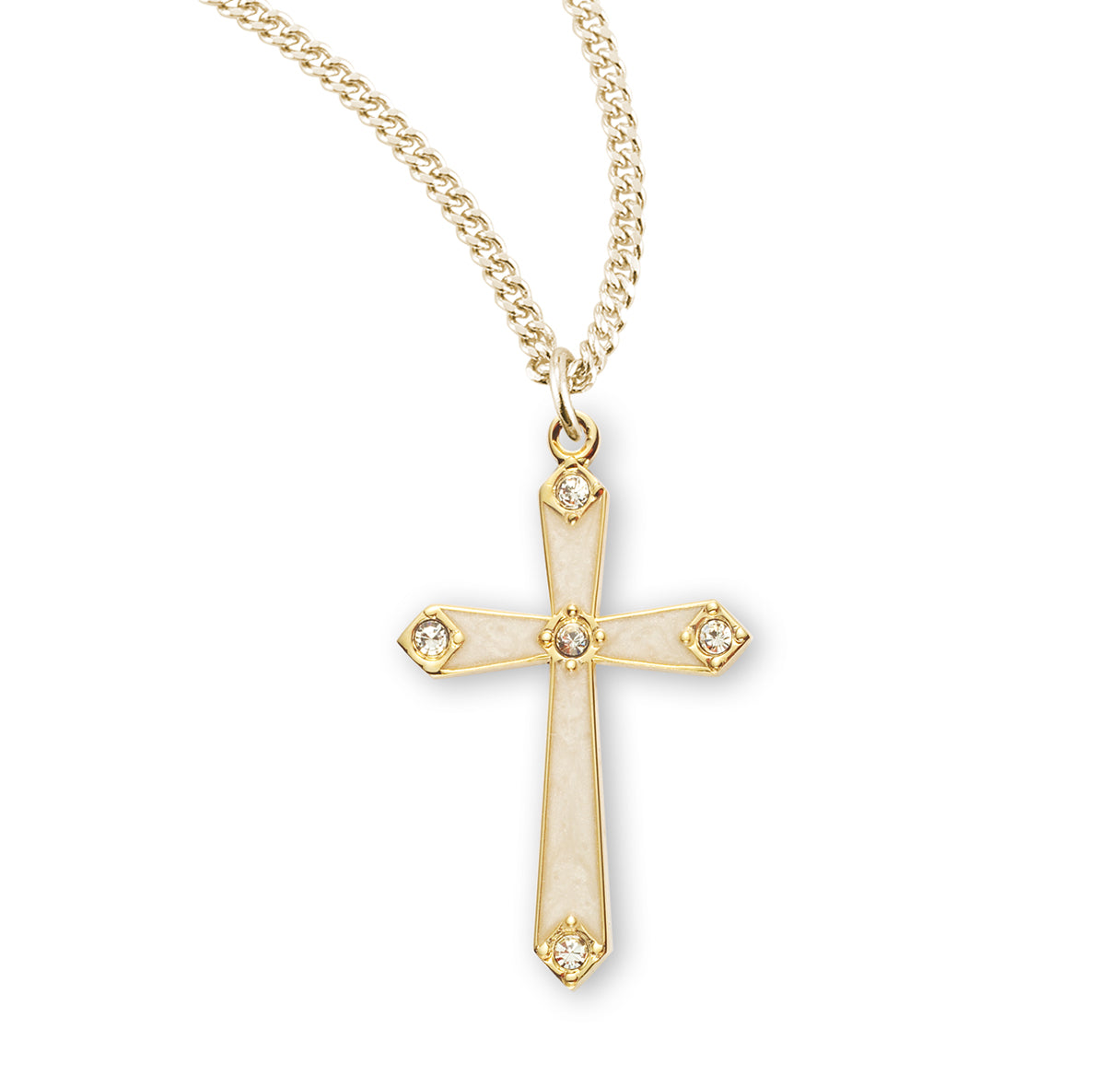 Gold Over Sterling Silver Pearl Enameled Cross with Five Crystals Necklace | 16kt Gold Plated .925 Silver