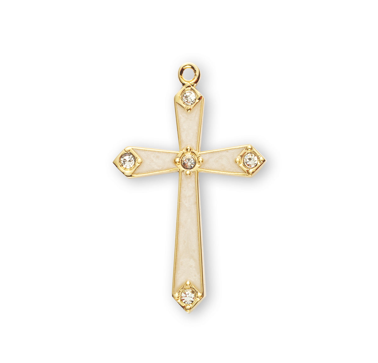 Gold Over Sterling Silver Pearl Enameled Cross with Five Crystals Necklace | 16kt Gold Plated .925 Silver
