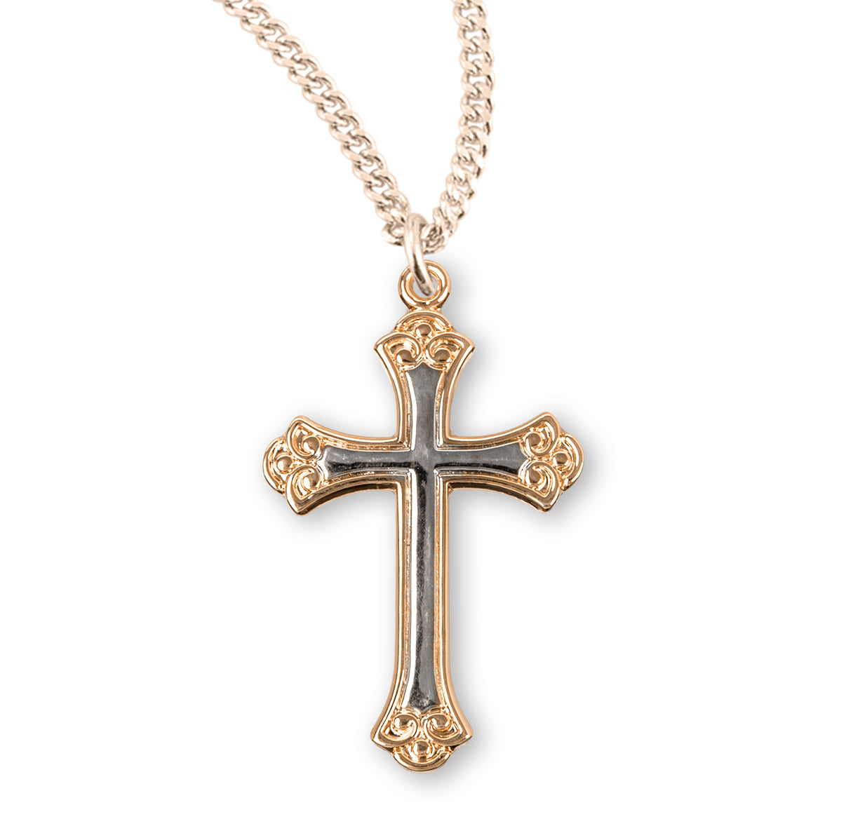 Gold Over Sterling Silver Two-Tone Cross Necklace | 16kt Gold Plated .925 Silver