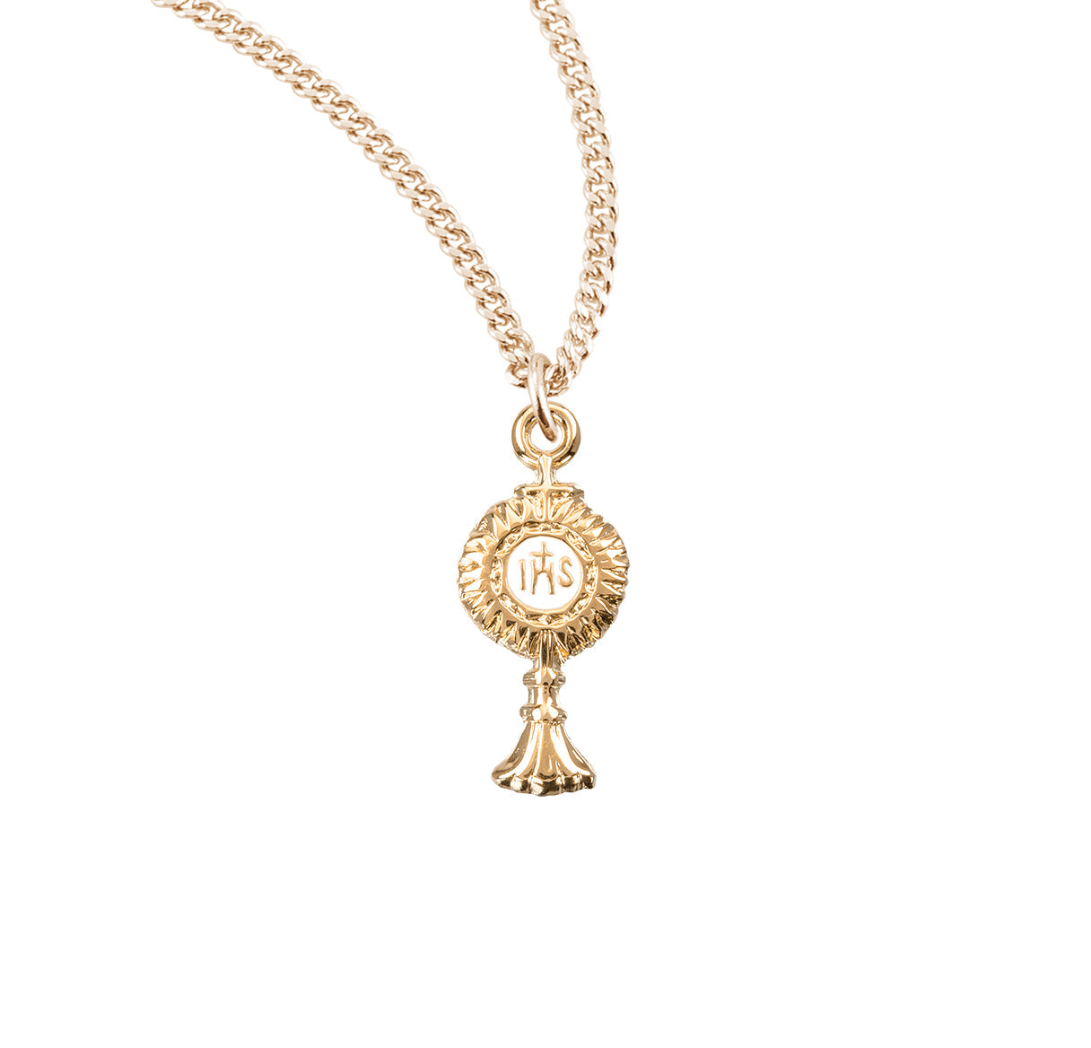 Gold Over Sterling Silver Monstrance Pendant with White Epoxy | 16kt Gold Plated .925 Silver
