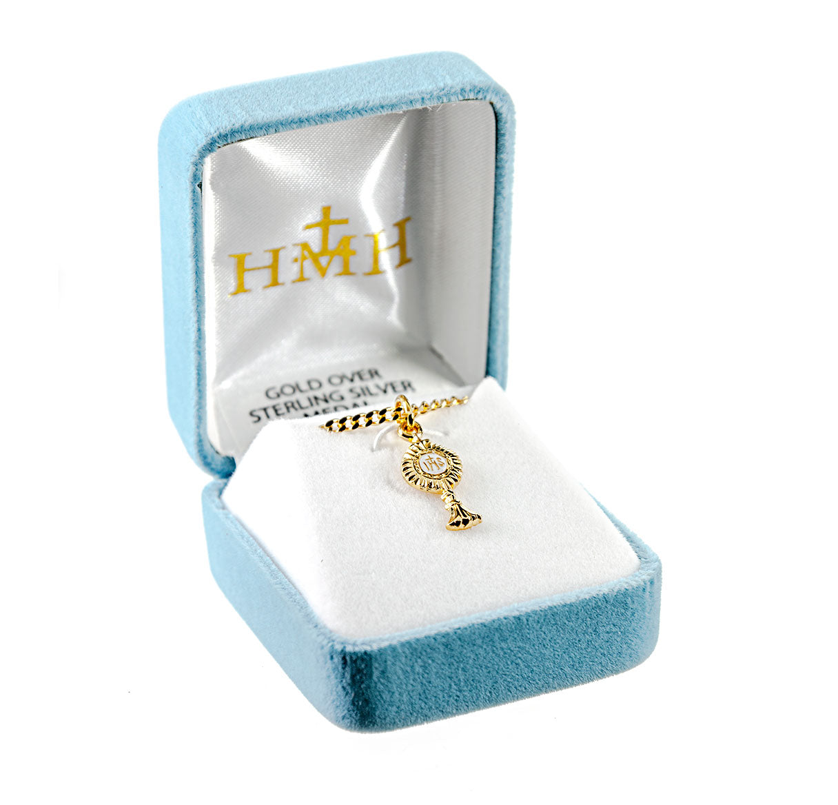 Gold Over Sterling Silver Monstrance Pendant with White Epoxy | 16kt Gold Plated .925 Silver