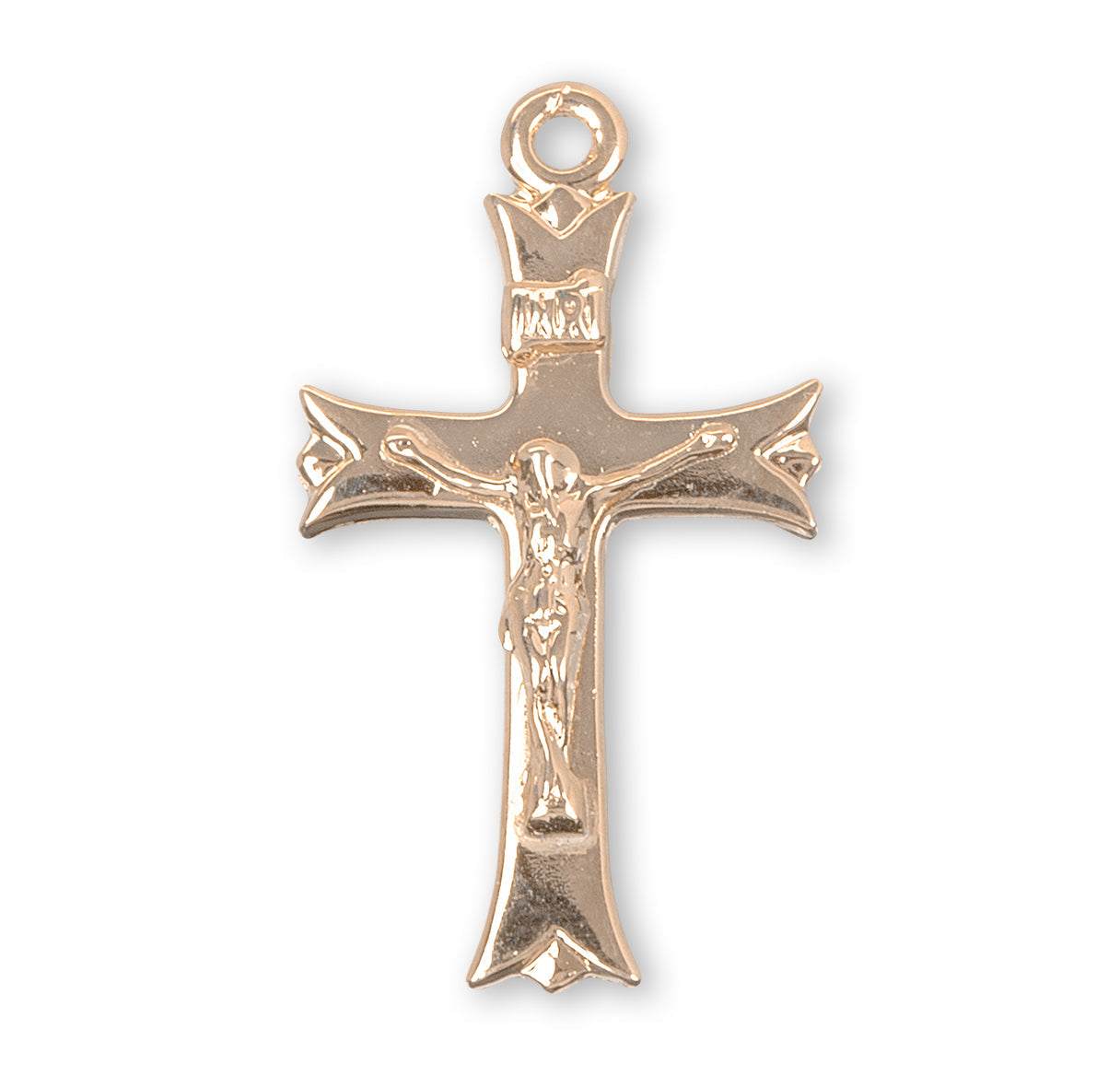 Notched flare Tipped Gold Over Sterling Silver Crucifix Necklace | 16kt Gold Plated .925 Silver