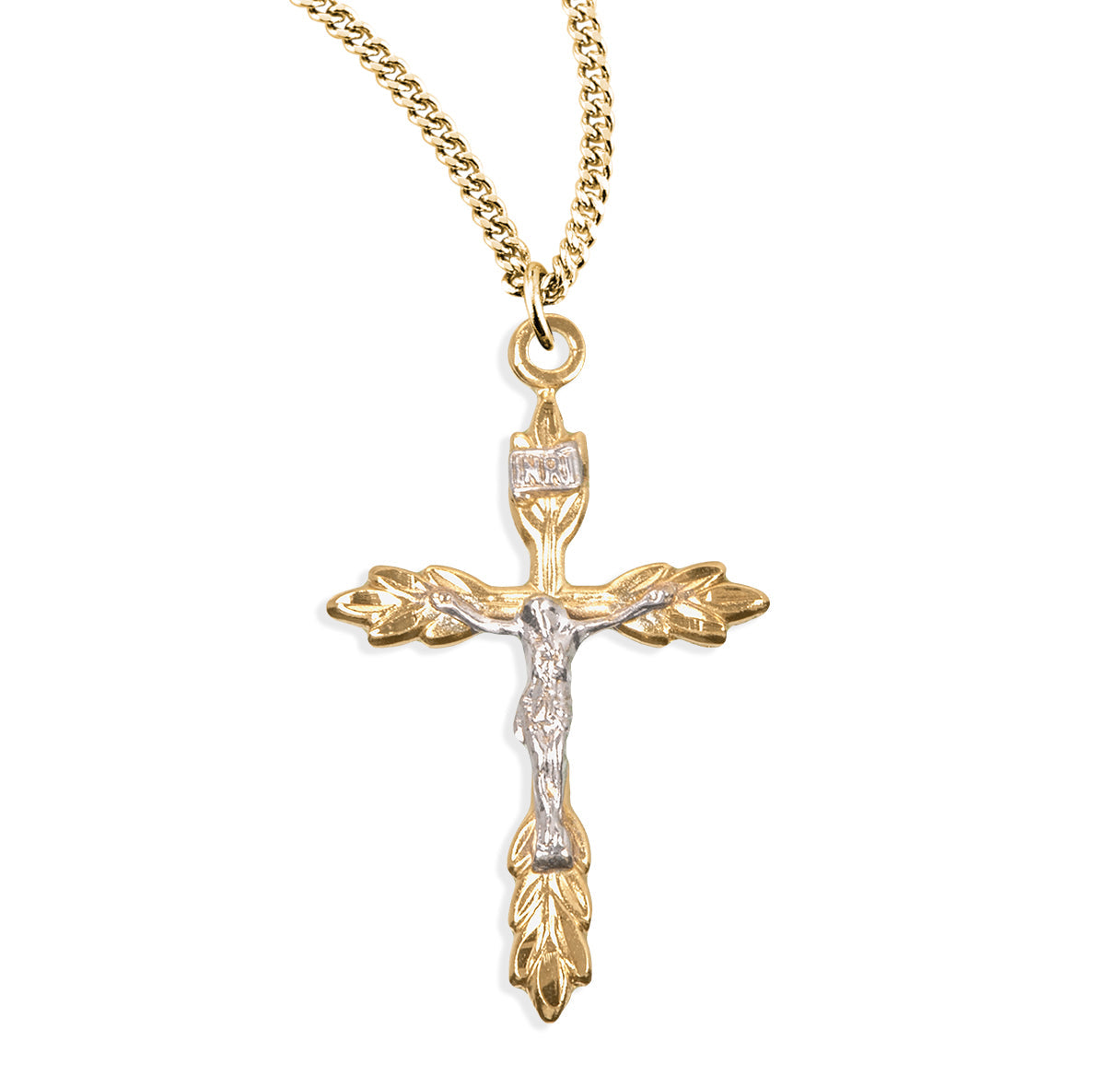 Gold Over Sterling Silver Two Tone Wheat Crucifix Necklace | 16kt Gold Plated .925 Silver