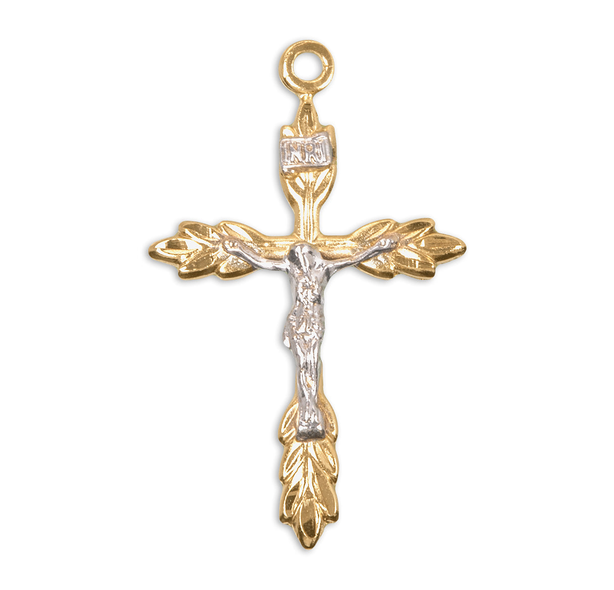 Gold Over Sterling Silver Two Tone Wheat Crucifix Necklace | 16kt Gold Plated .925 Silver