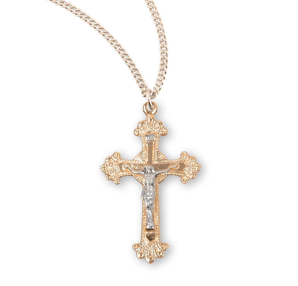 Fancy Engraved Gold Over Sterling Silver Two Toned Crucifix Necklace | 16kt Gold Plated .925 Silver
