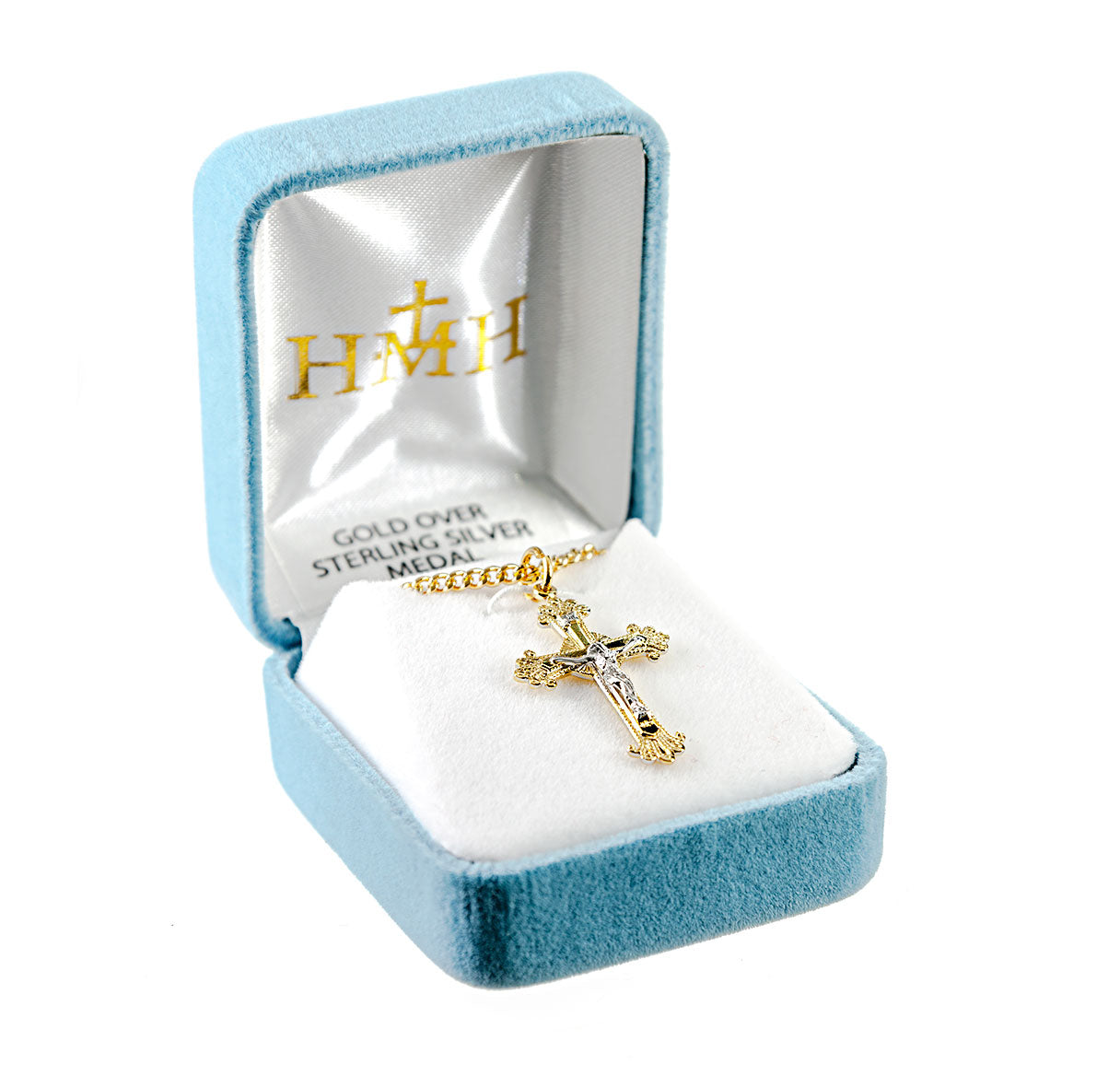 Fancy Engraved Gold Over Sterling Silver Two Toned Crucifix Necklace | 16kt Gold Plated .925 Silver