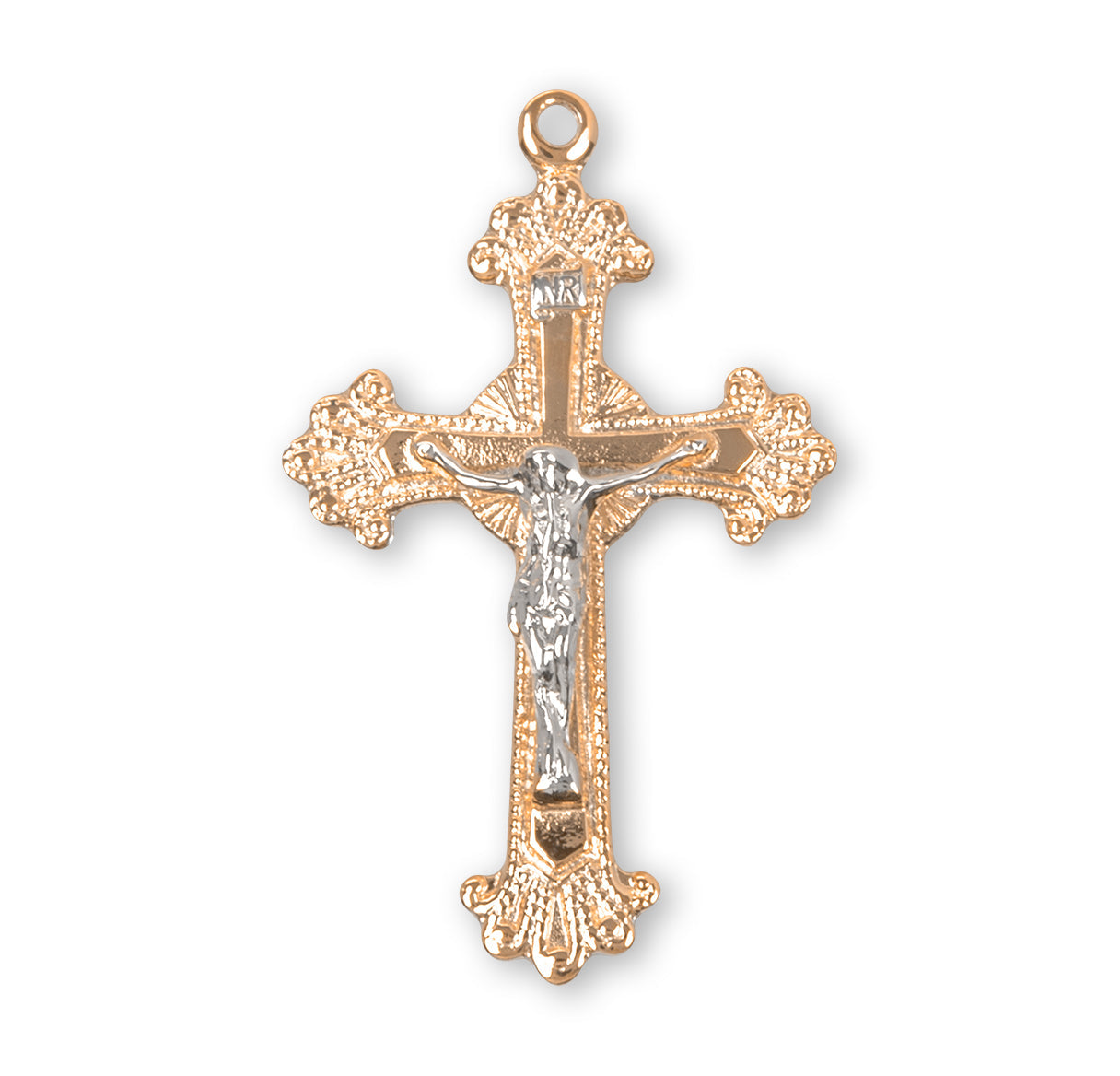 Fancy Engraved Gold Over Sterling Silver Two Toned Crucifix Necklace | 16kt Gold Plated .925 Silver
