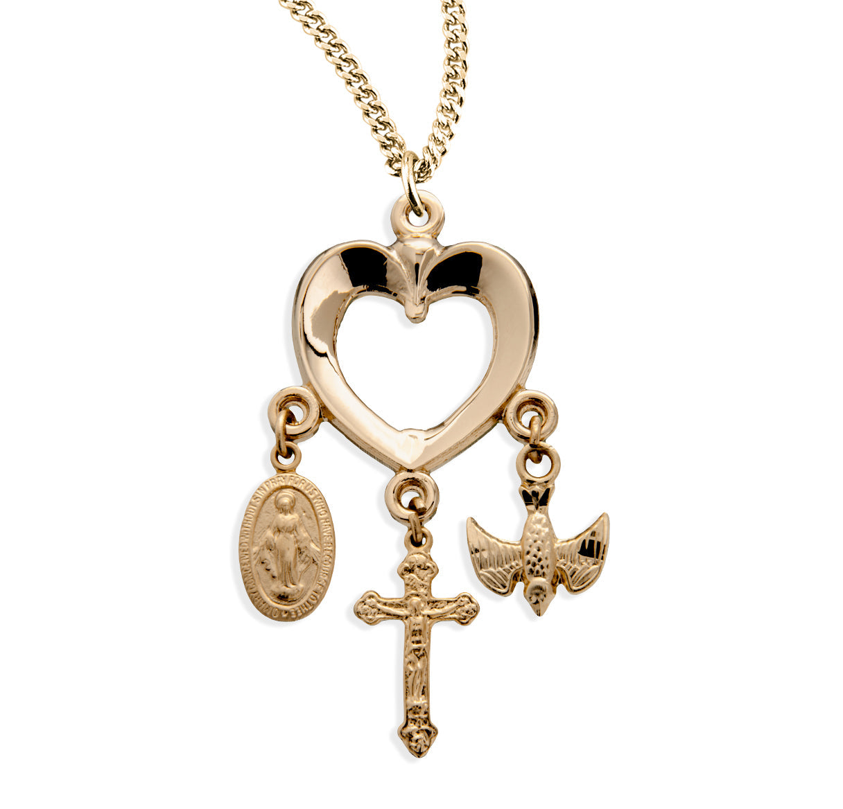 Gold Over Sterling Silver Heart with Miraculous Medal, Crucifix & Holy Spirit Charms Necklace | 16kt Gold Plated .925 Silver