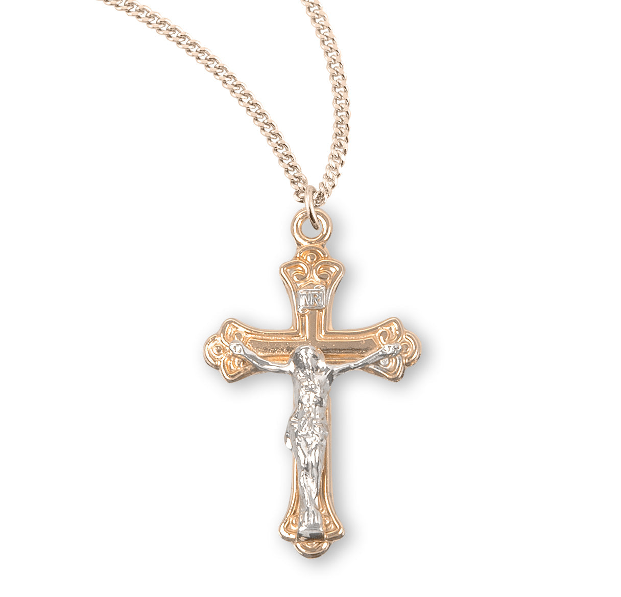 Gold Over Sterling Two Toned Tapered Crucifix Necklace | 16kt Gold Plated .925 Silver