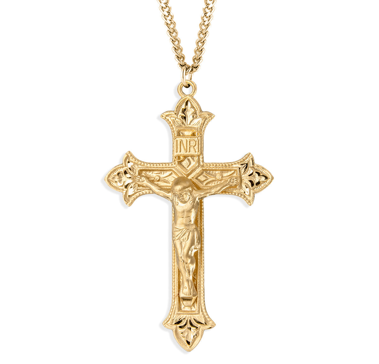 Gold Over Sterling Silver Fluer de Lis Tip Crucifix Necklace | 16kt Gold Plated .925 Silver