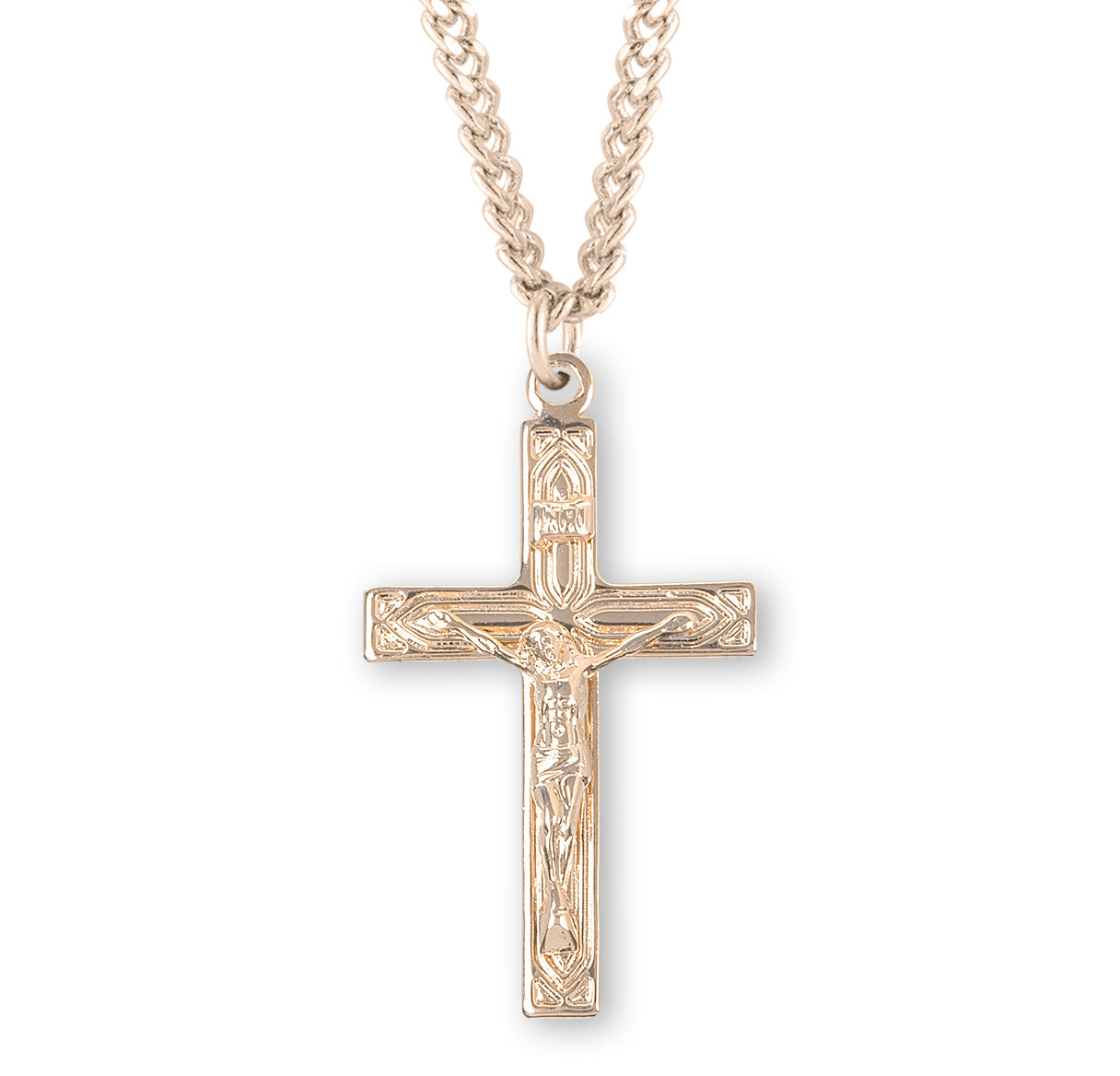 Art Deco Style Gold Over Sterling Silver High Polished Crucifix Necklace | 16kt Gold Plated .925 Silver