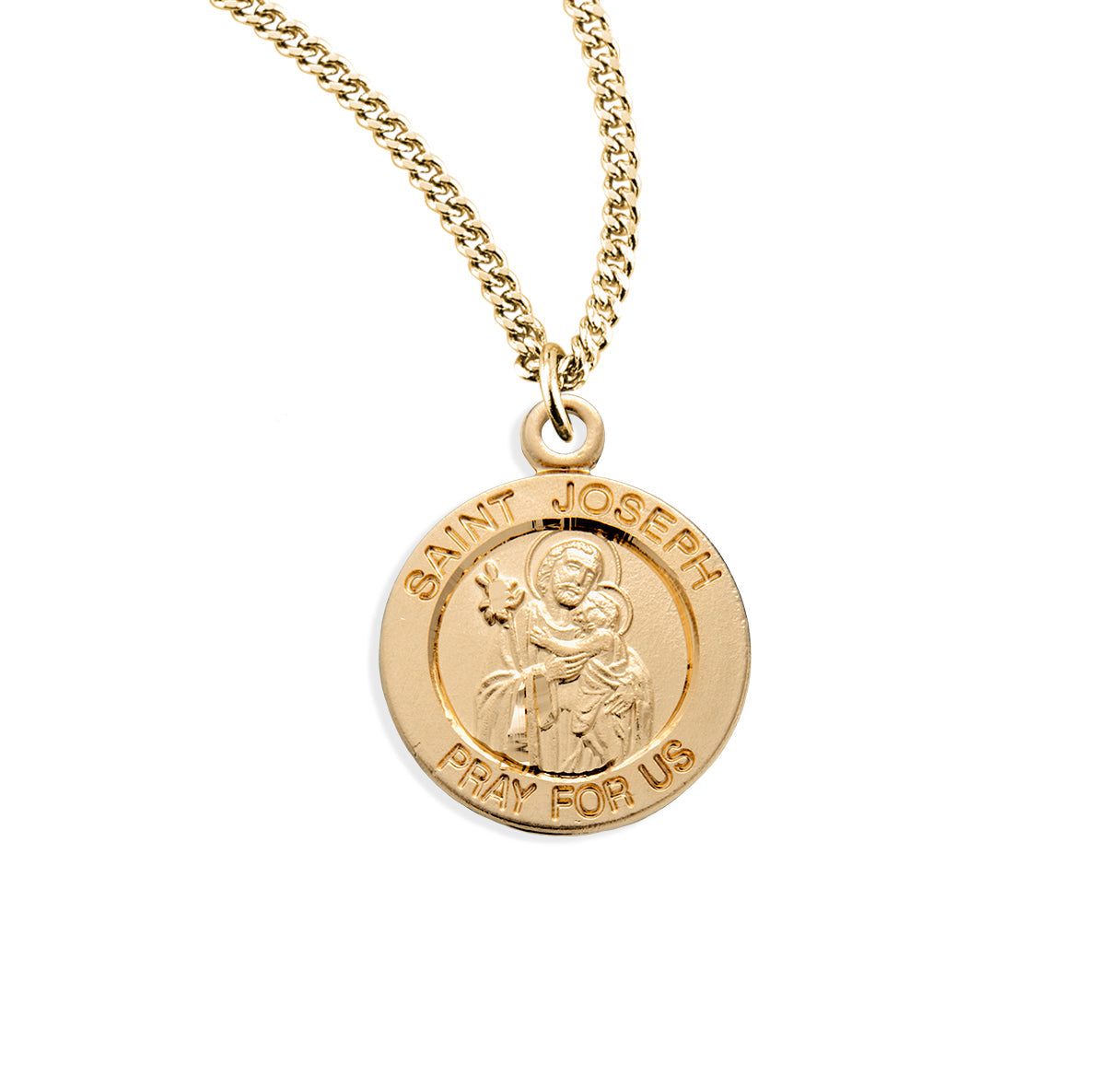 Patron Saint Joseph Round Gold Over Sterling Silver Medal Necklace | 16kt Gold Plated .925 Silver