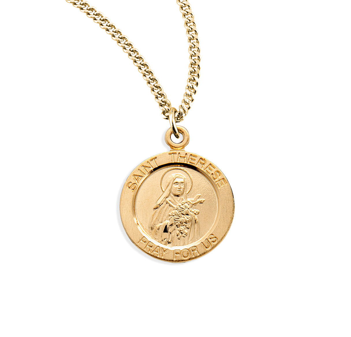 Patron Saint THerese of Lisieux Round Gold Over Sterling Silver Medal Necklace | 16kt Gold Plated .925 Silver