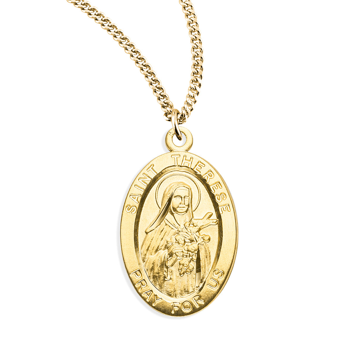 Patron Saint THerese of Lisieux Oval Gold Over Sterling Silver Medal Necklace | 16kt Gold Plated .925 Silver