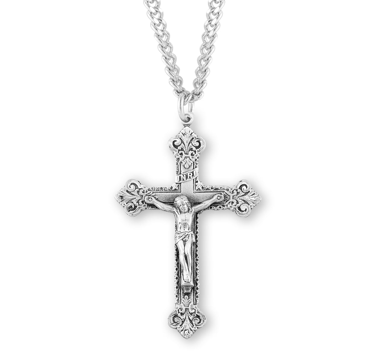 Scroll Design Sterling Silver Crucifix Necklace | .925 Silver