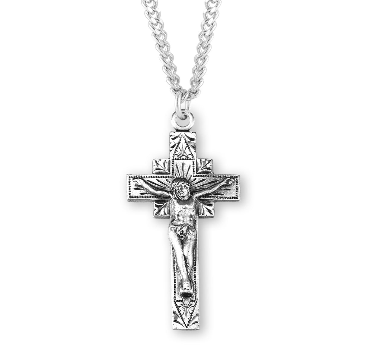 Square Sunburst Sterling Silver Crucifix Necklace | .925 Silver