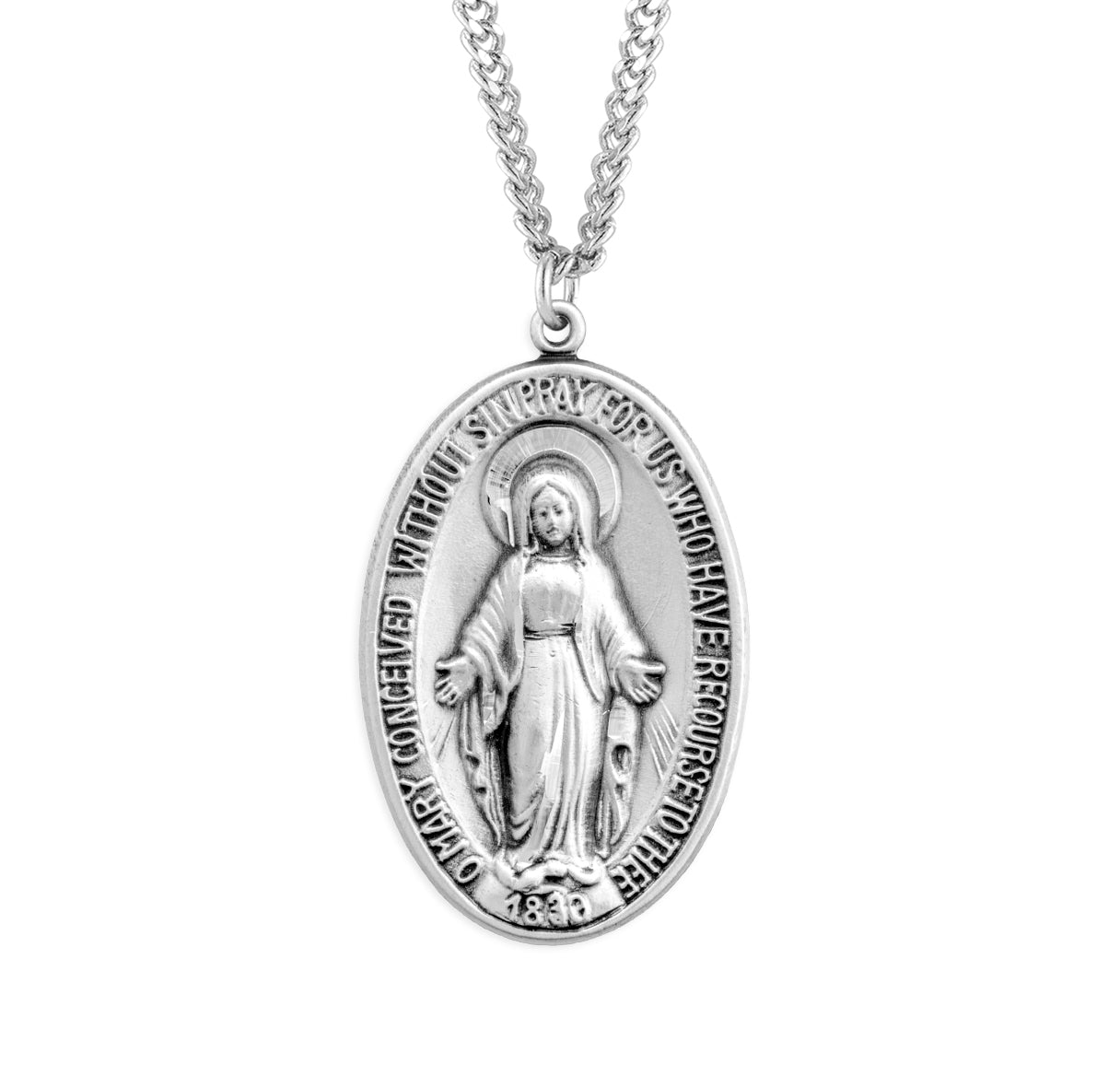 Sterling Silver Oval Miraculous Medal Pendant with Chain | .925 Silver