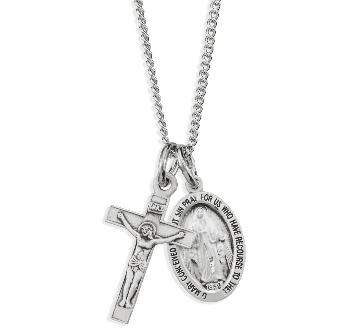 Sterling Silver Miraculous Medal and Small Crucifix Necklace | .925 Silver