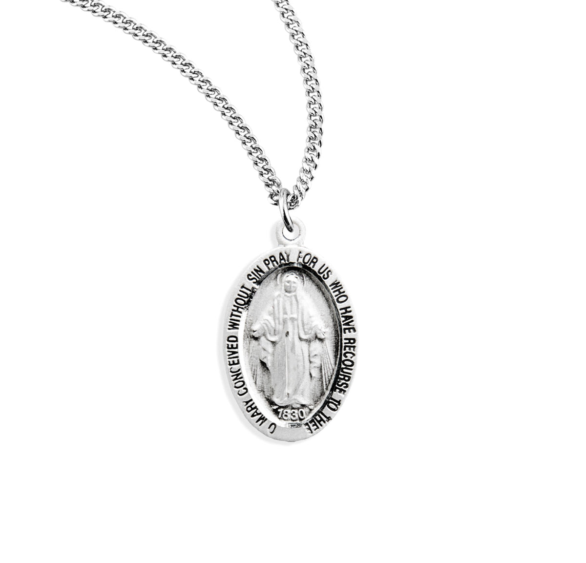 Sterling Silver Oval Miraculous Medal Pendant with Chain | .925 Silver