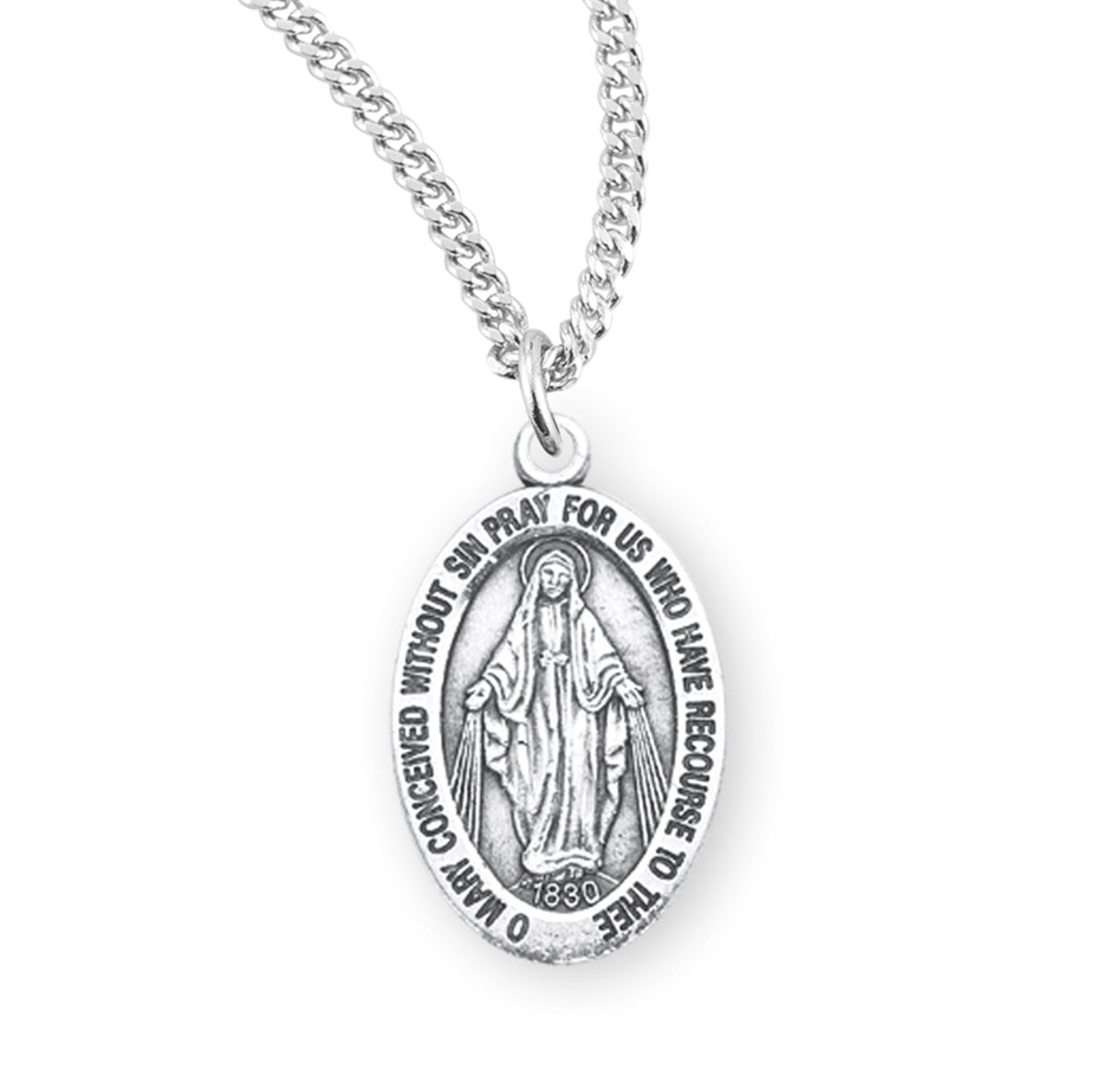 Sterling Silver Oval Miraculous Medal Pendant with Chain | .925 Silver