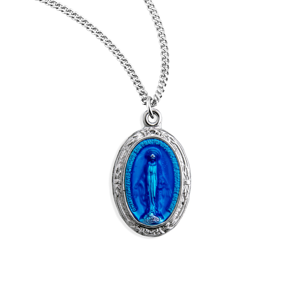 Sterling Silver Oval Blue Miraculous Medal Pendant with Chain | .925 Silver