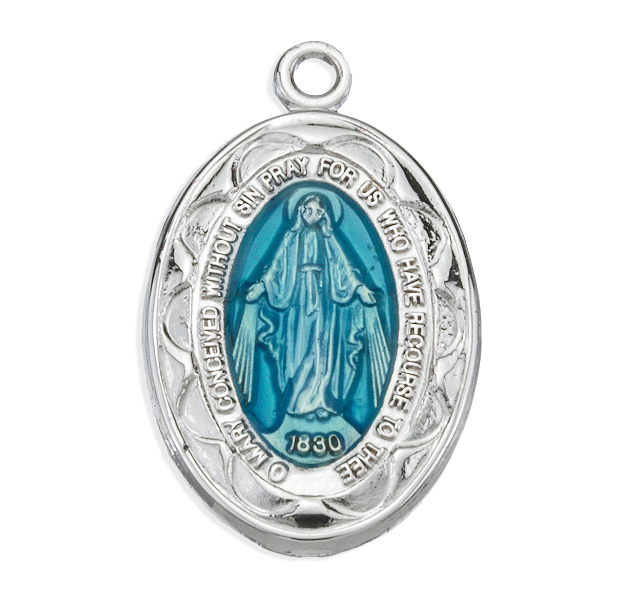 Sterling Silver Oval Blue Enameled Miraculous Medal Pendant with Chain | .925 Silver
